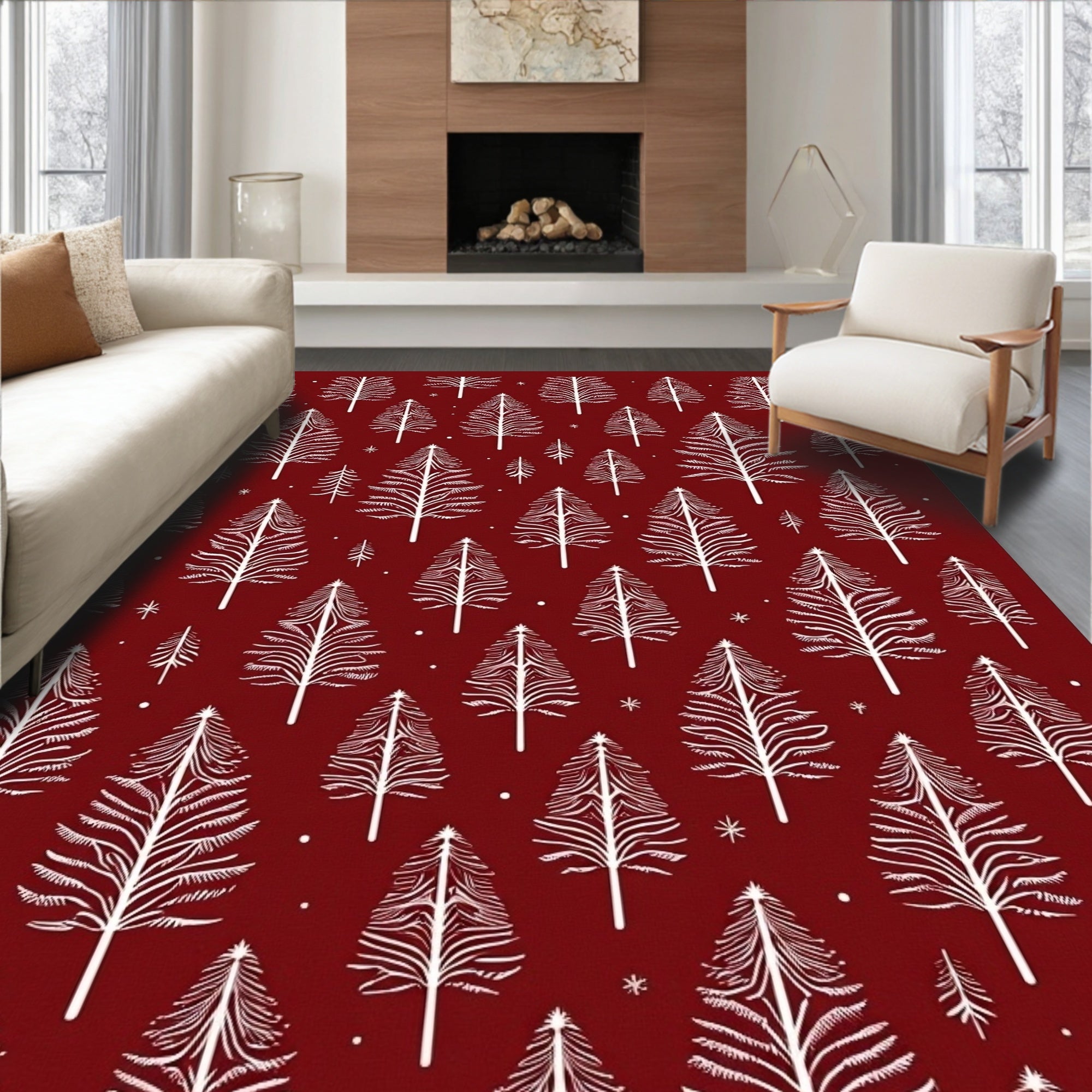 White Pine Forest Crimson Background Rug