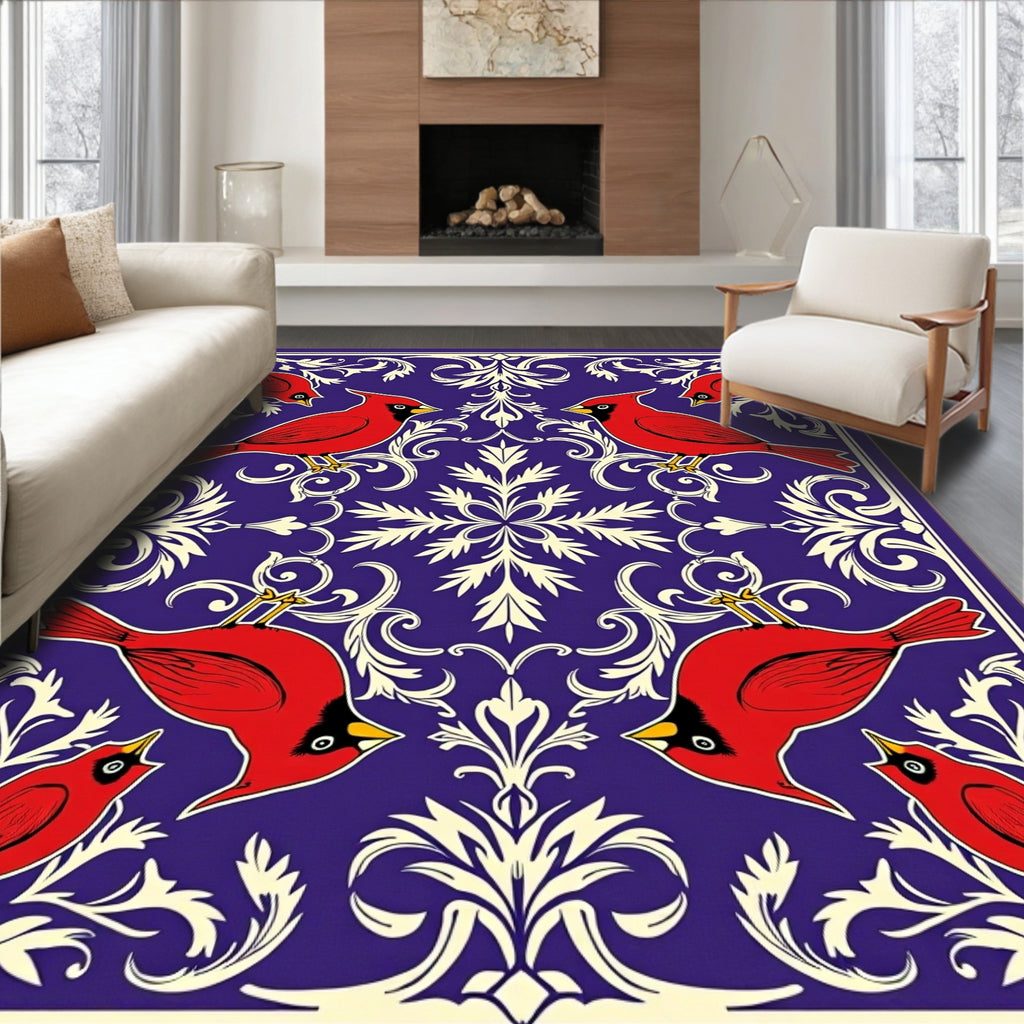 Crimson Cardinals Blue Floral Scroll Rug