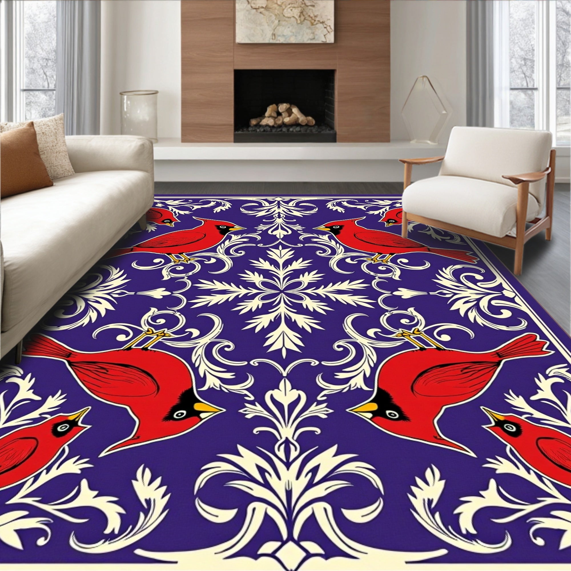Crimson Cardinals Blue Floral Scroll Rug