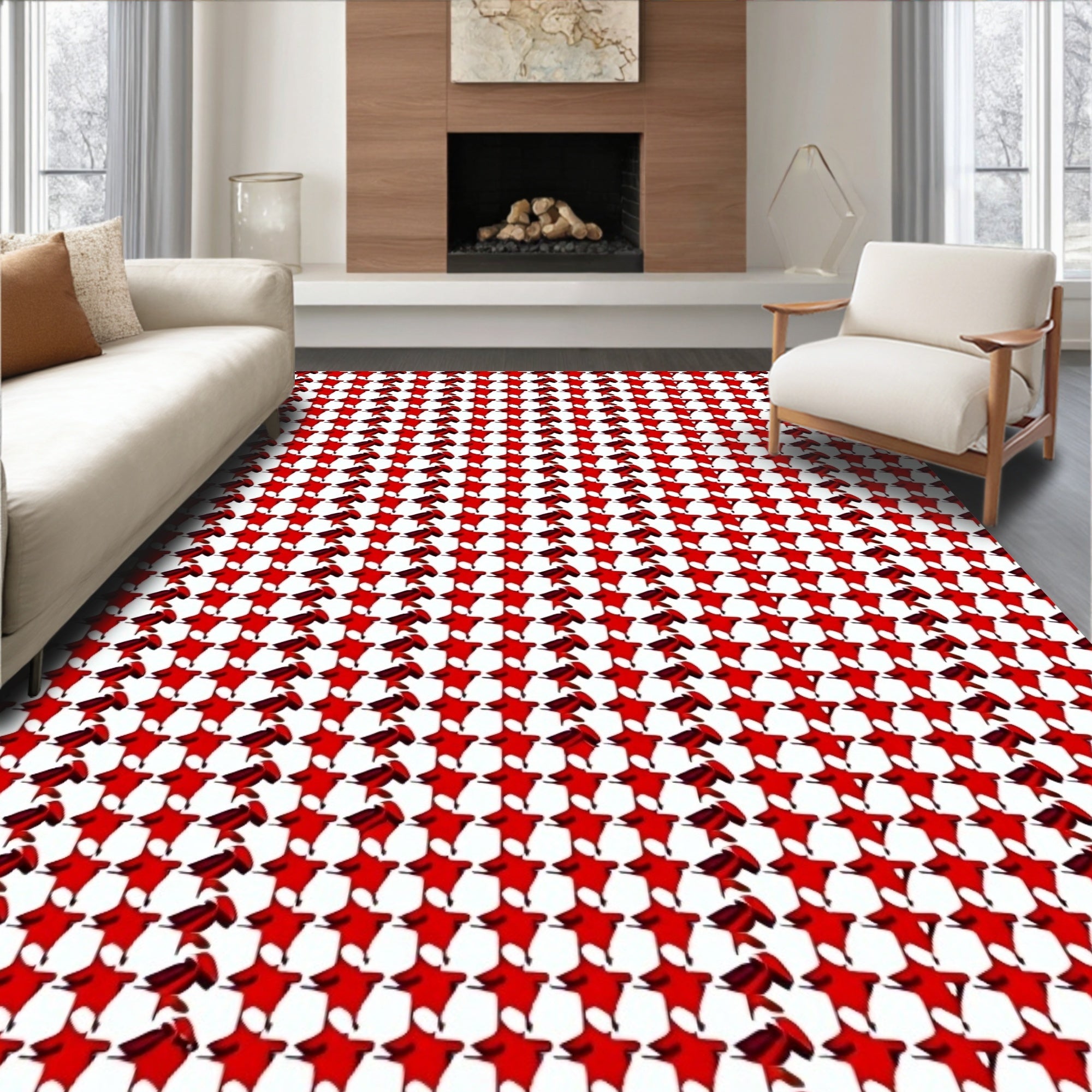 Crimson Houndstooth Geometric Repeat Rug