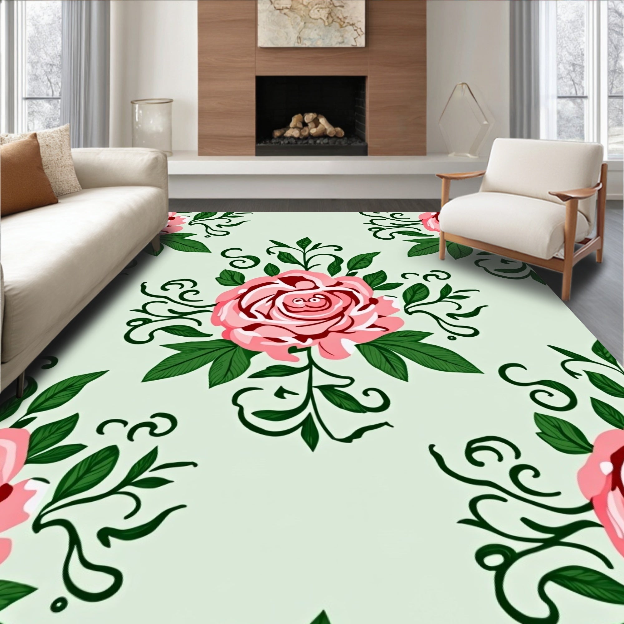 Vintage Pink Rose Floral Scroll Rug