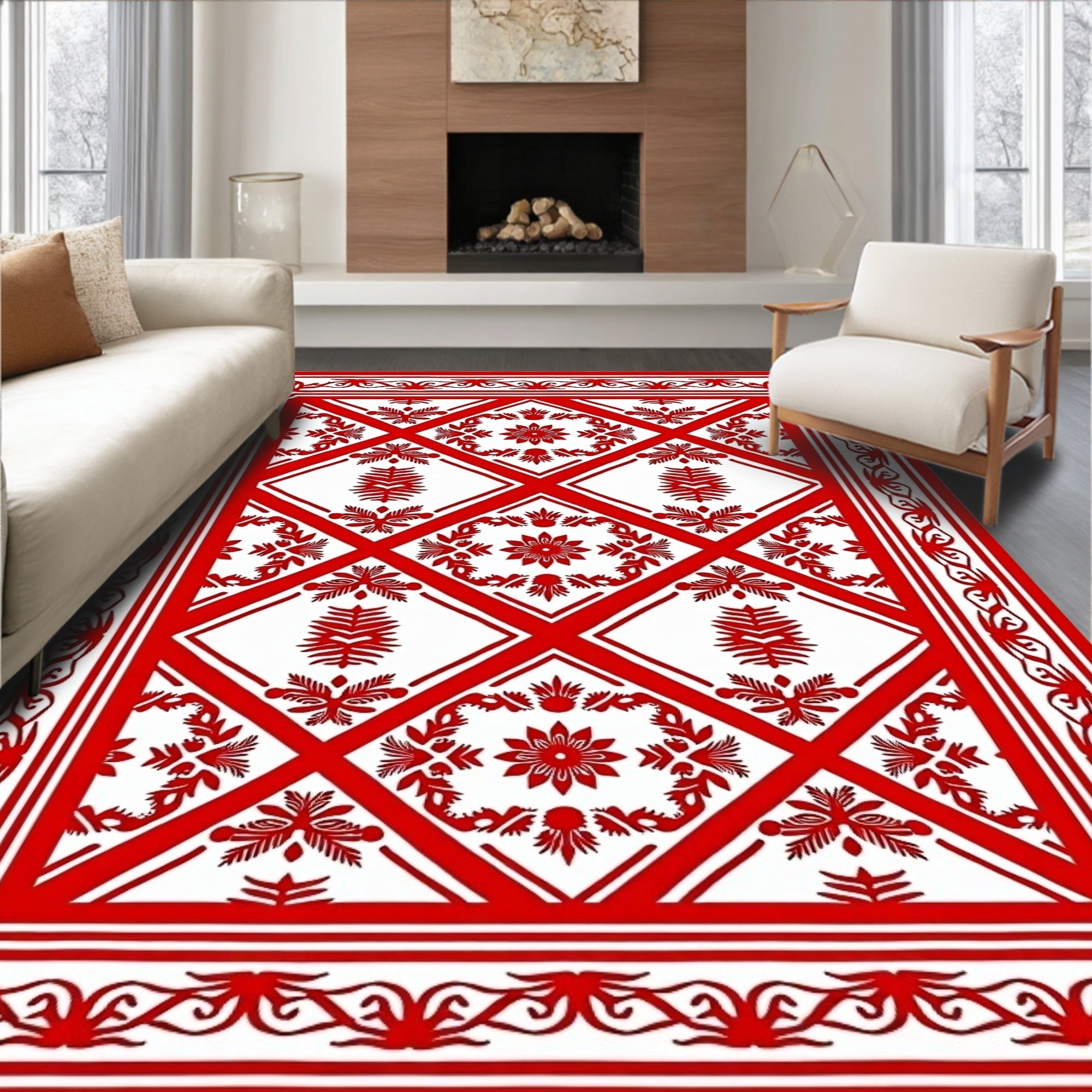 Bold Red Floral Diamond Medallion Rug