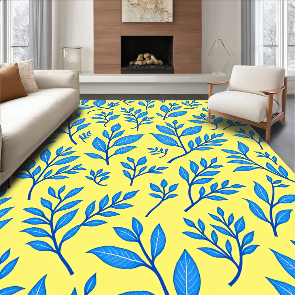 Vibrant Blue Leafy Branches Yellow Rug