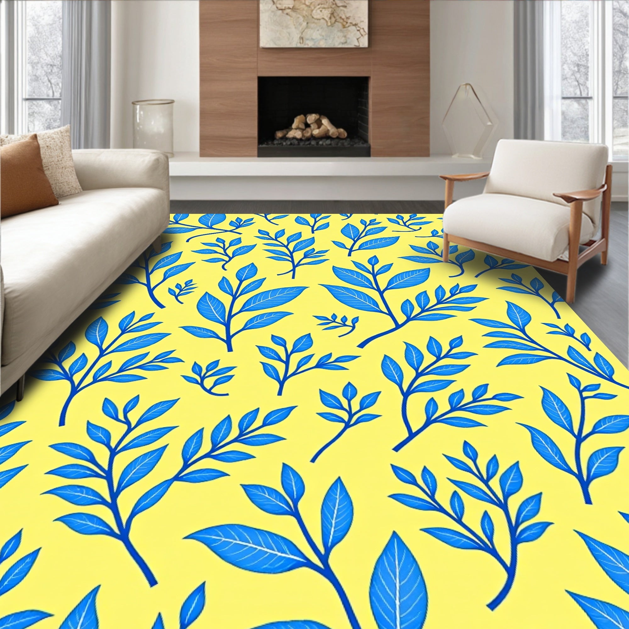 Vibrant Blue Leafy Branches Yellow Rug