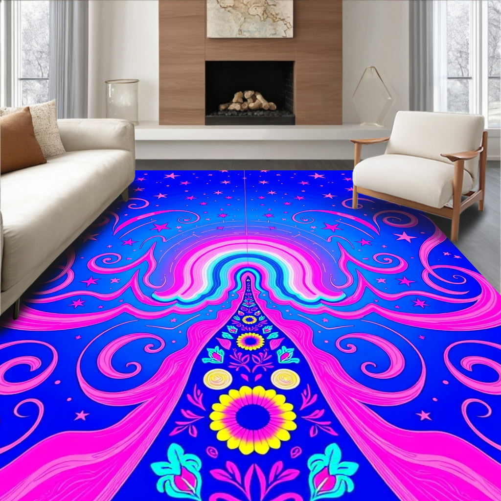 Vibrant Pink Starry Rainbow Swirl Rug