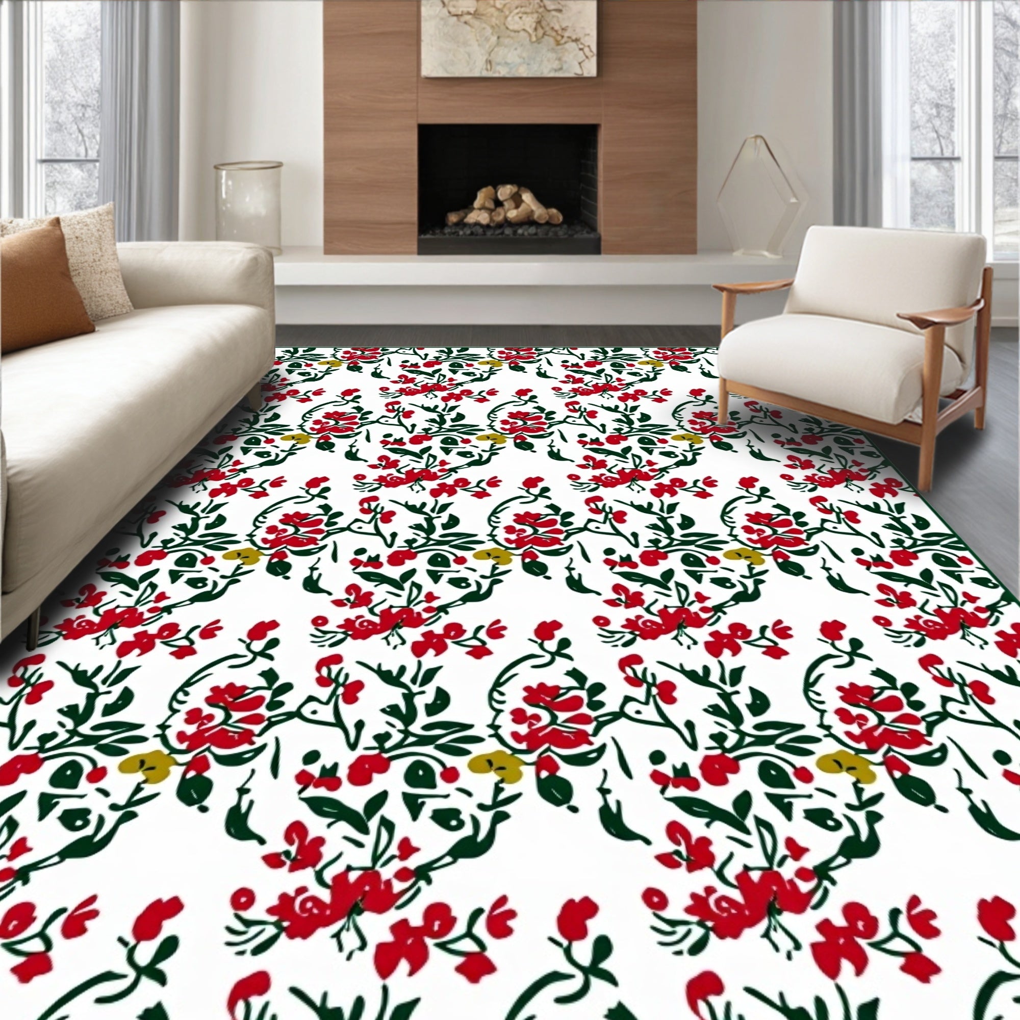 Red Green Floral Vine Arrangement Rug