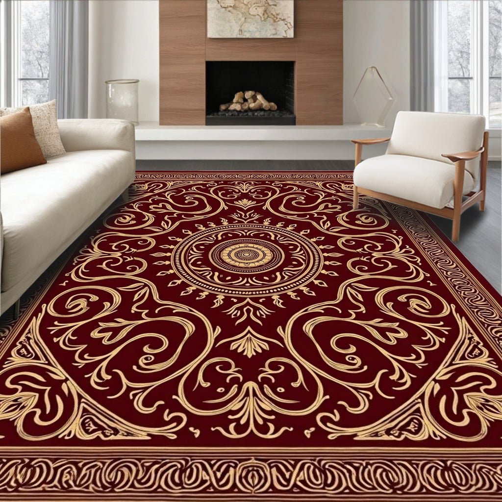 Rich Crimson Golden Floral Medallion Rug