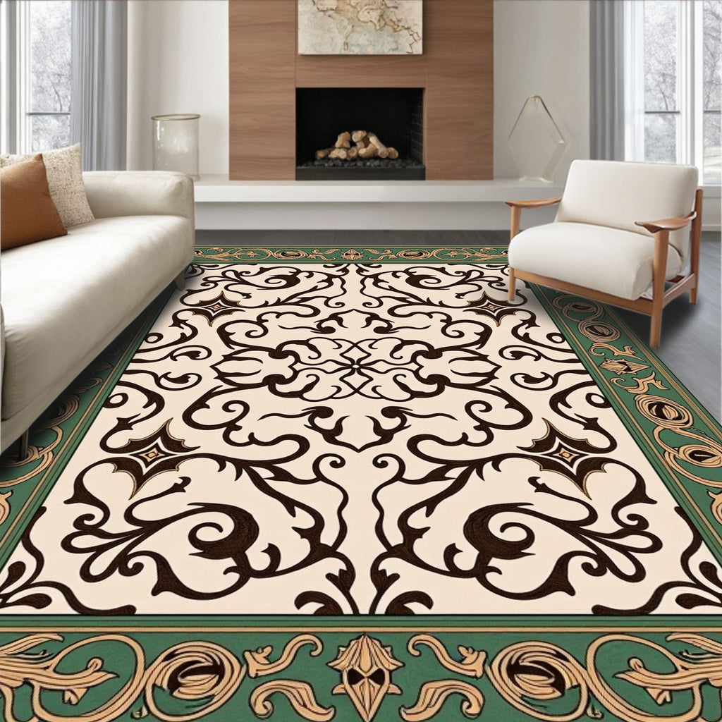 Green Golden Brown Scrollwork Medallion Rug