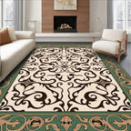Green Golden Brown Scrollwork Medallion Rug