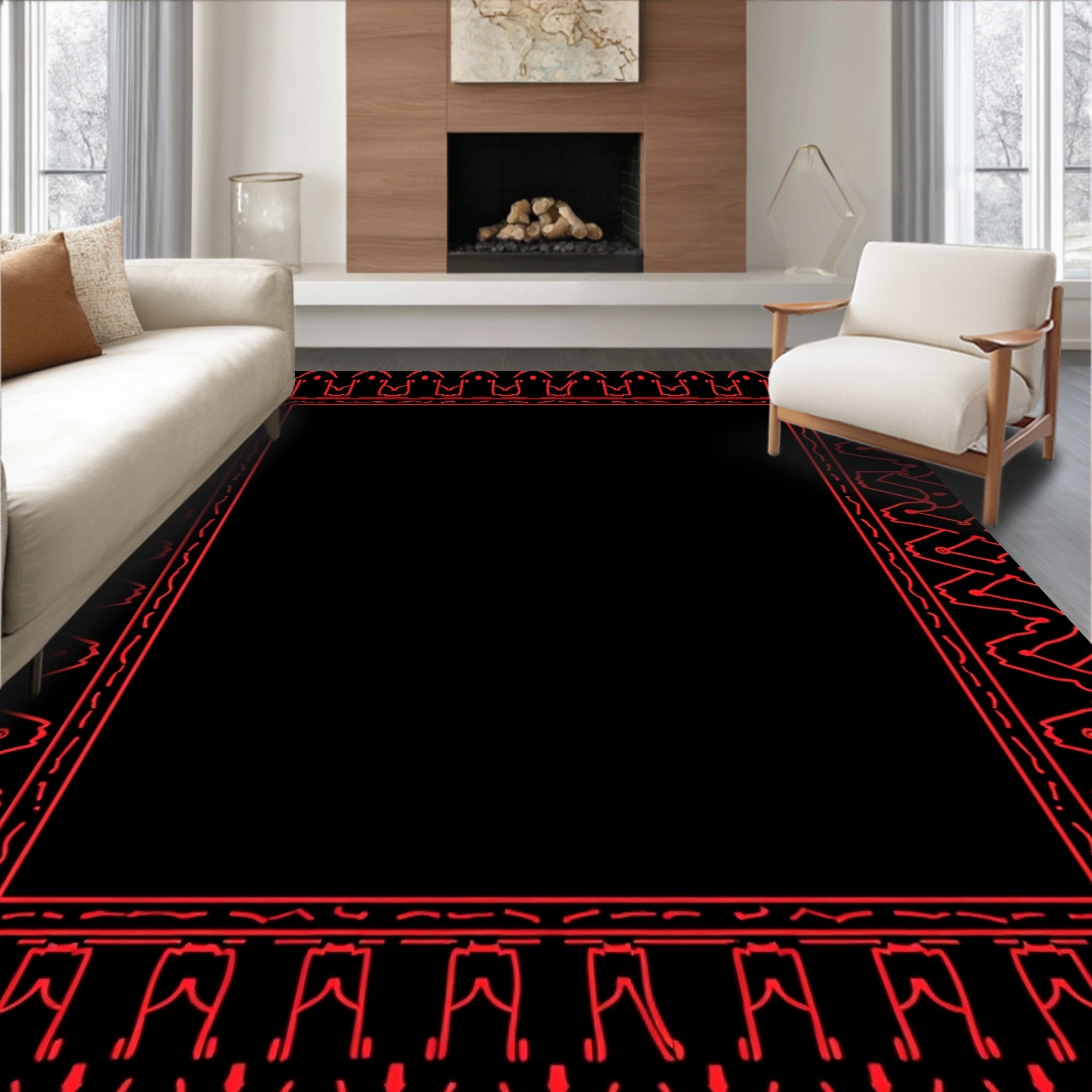 Bold Crimson Geometric Outline Rug
