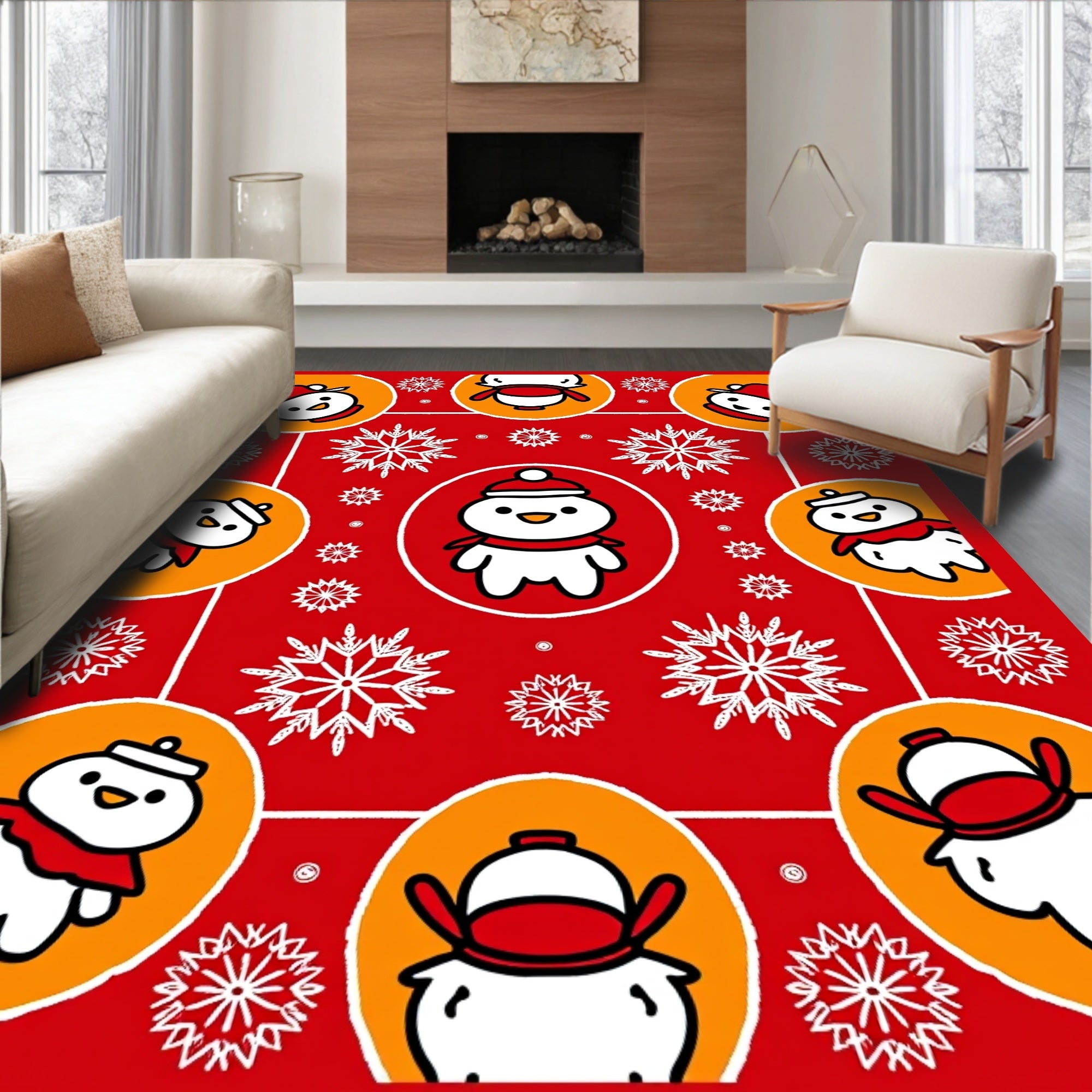 Whimsical Snowmen And Snowflakes Red Rug