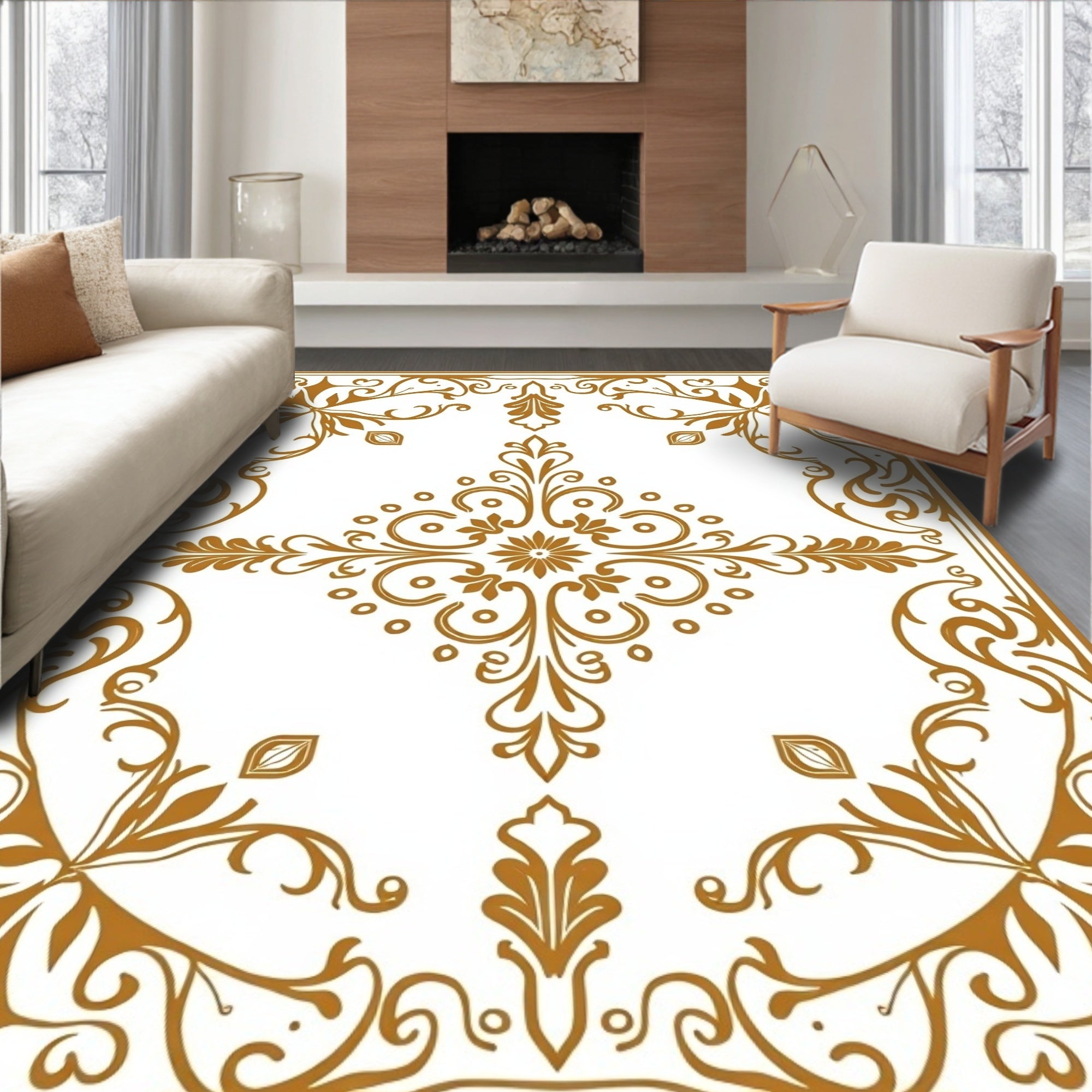 Golden Scrollwork Medallion Arrangement Rug