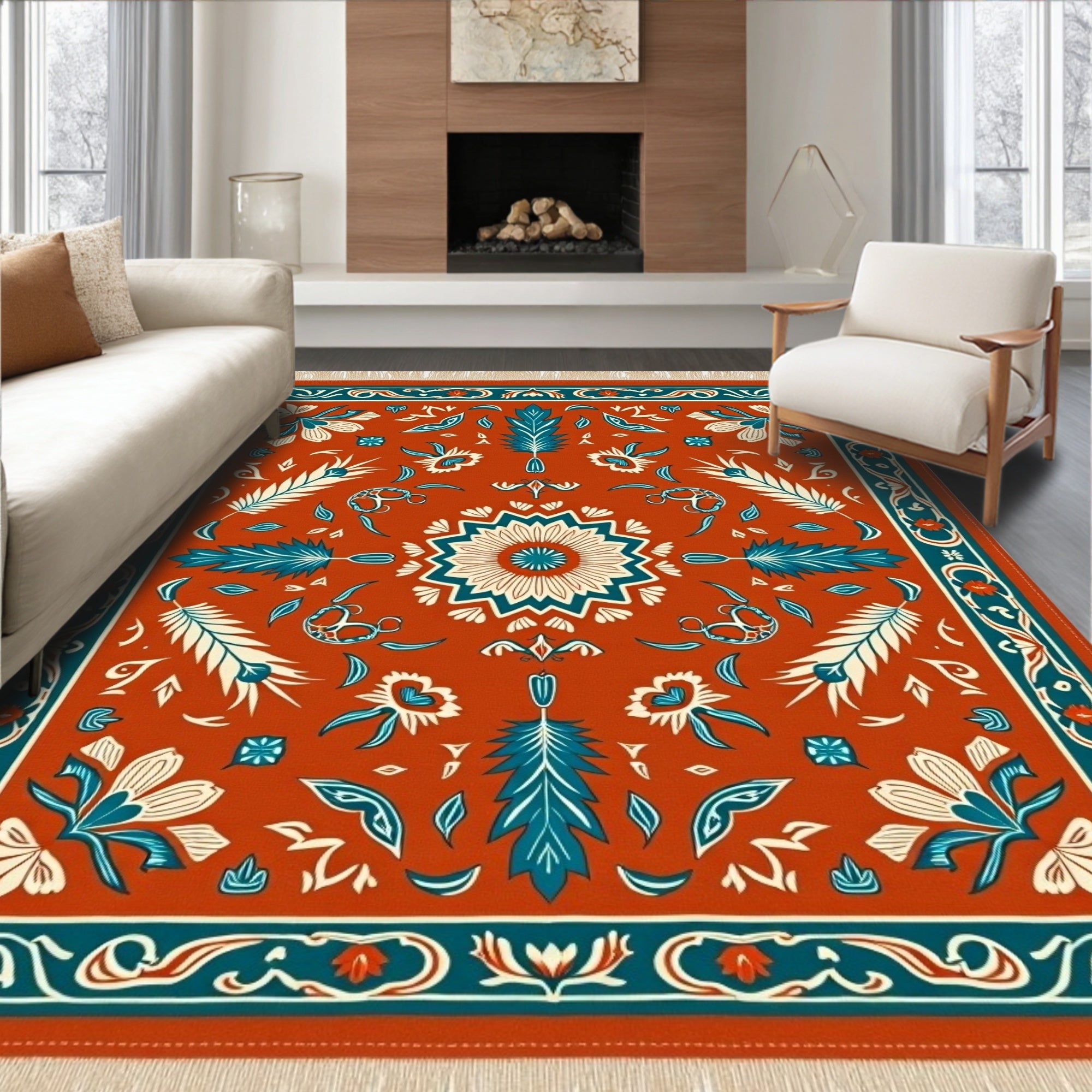 Terracotta Floral Medallion Teal Border Rug