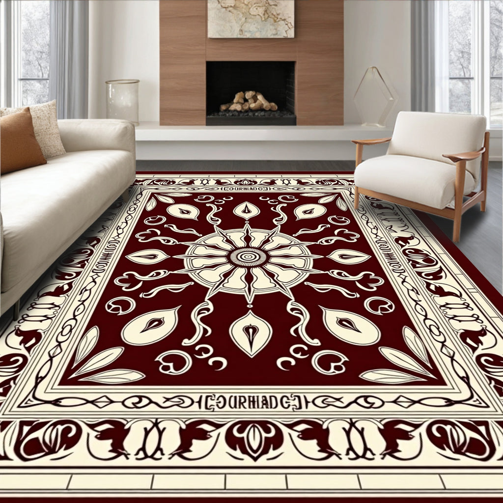 Deep Red Ivory Floral Wheel Rug