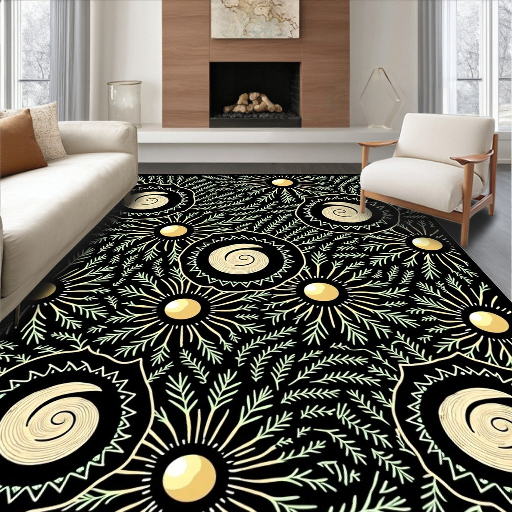 Black Golden Sunburst Fern Swirl Rug