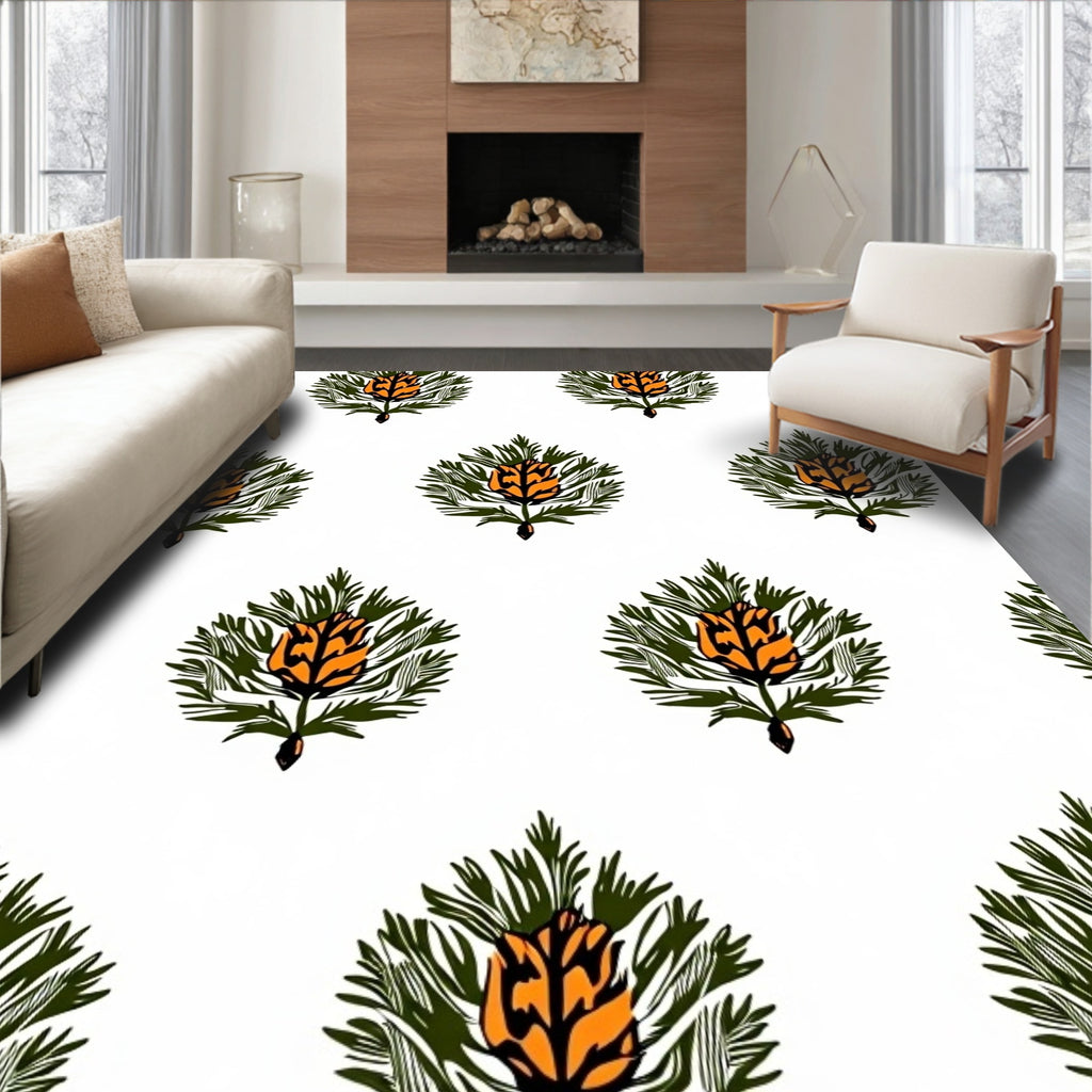 Orange Green Fir Floral Arrangement Rug