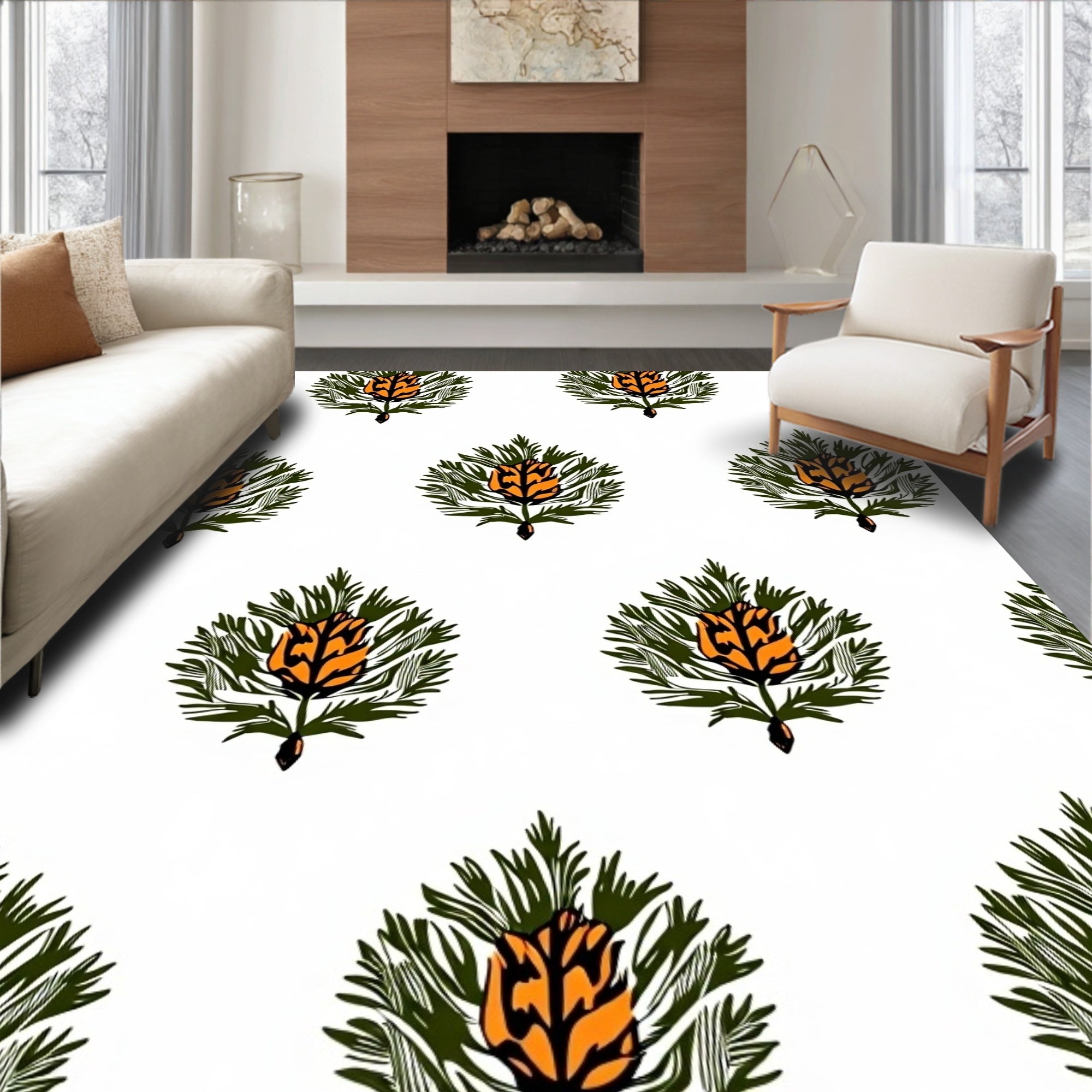 Orange Green Fir Floral Arrangement Rug