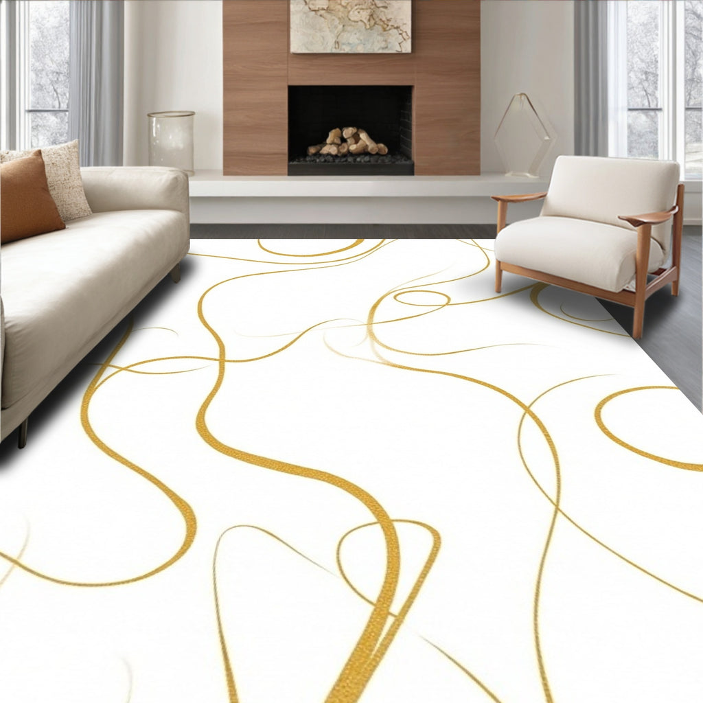 Golden Swirl Calligraphy Abstract Rug