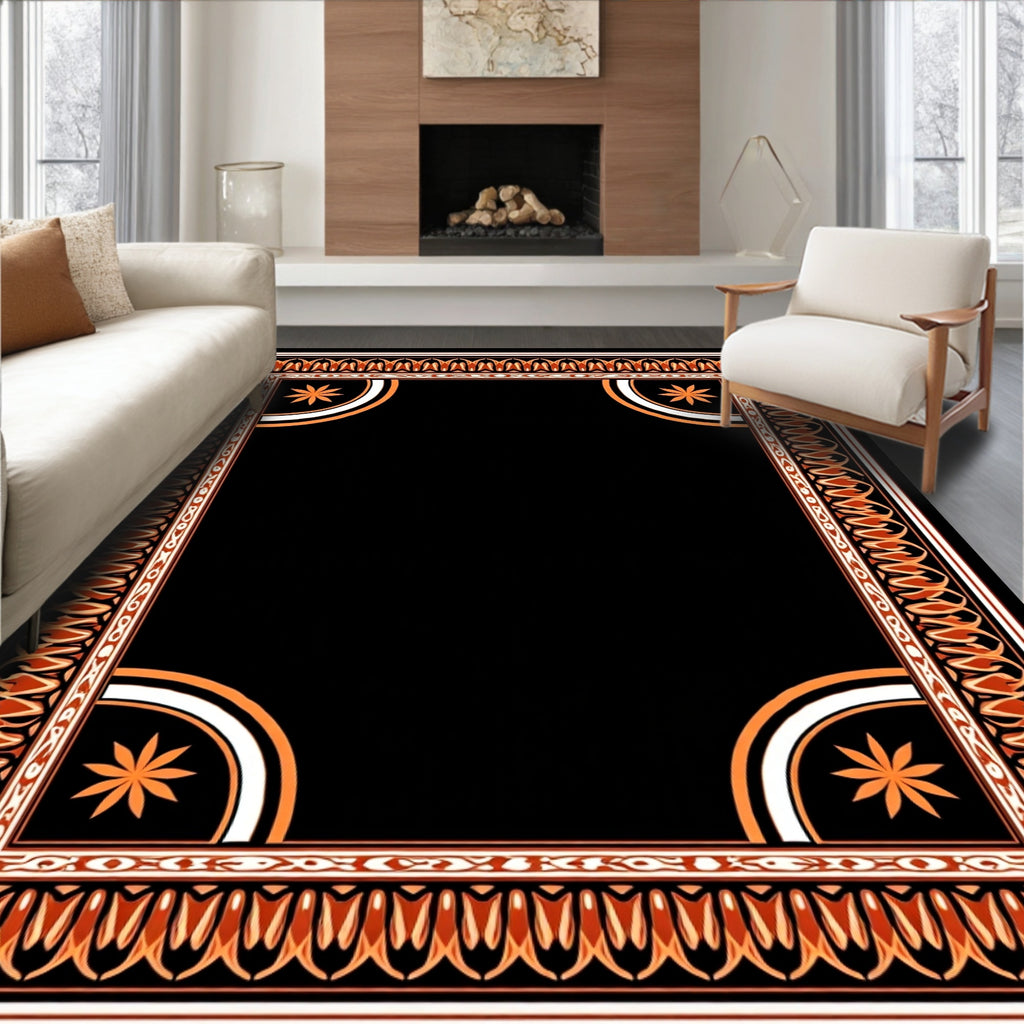 Ornate Orange and Black Medallion Frame Rug