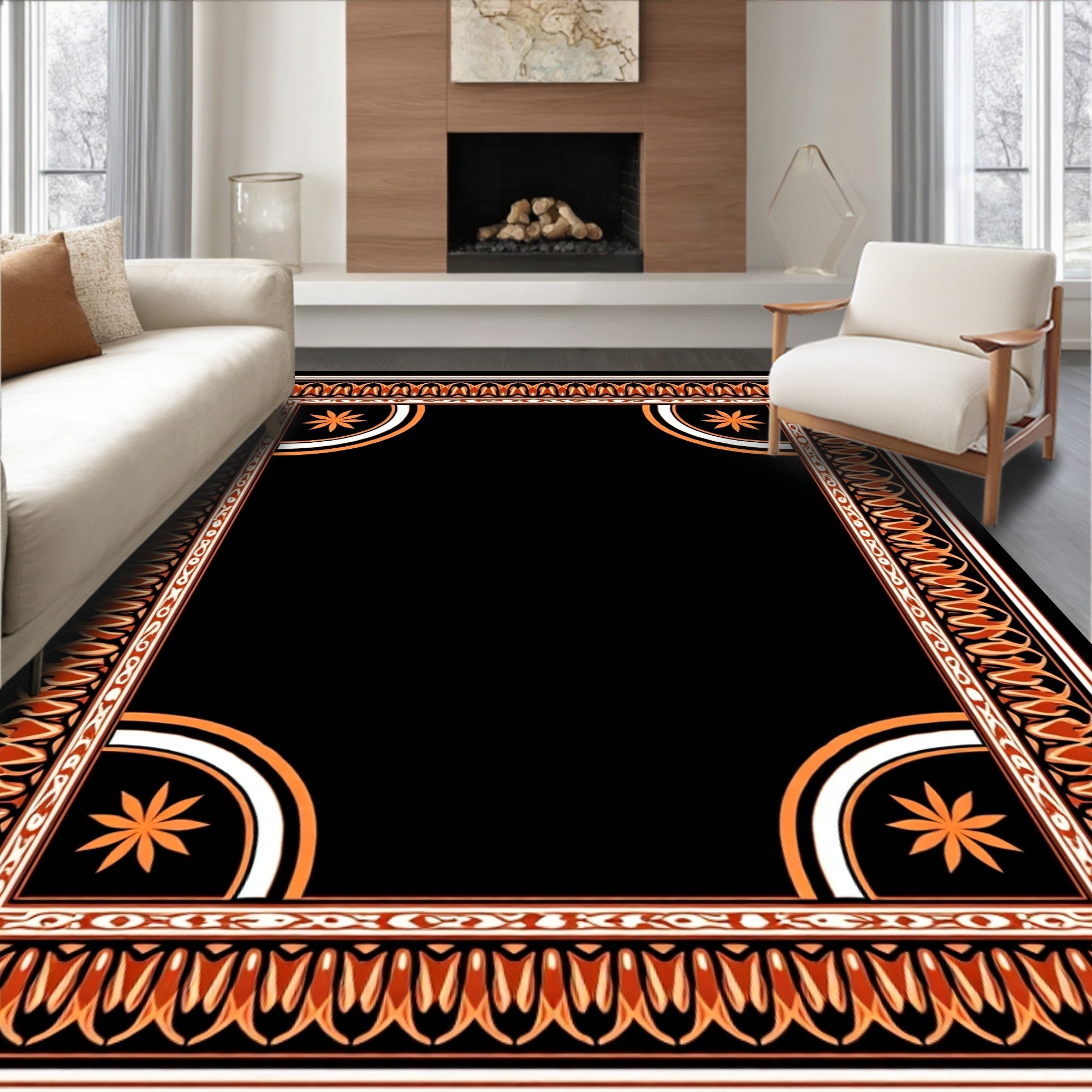 Ornate Orange and Black Medallion Frame Rug