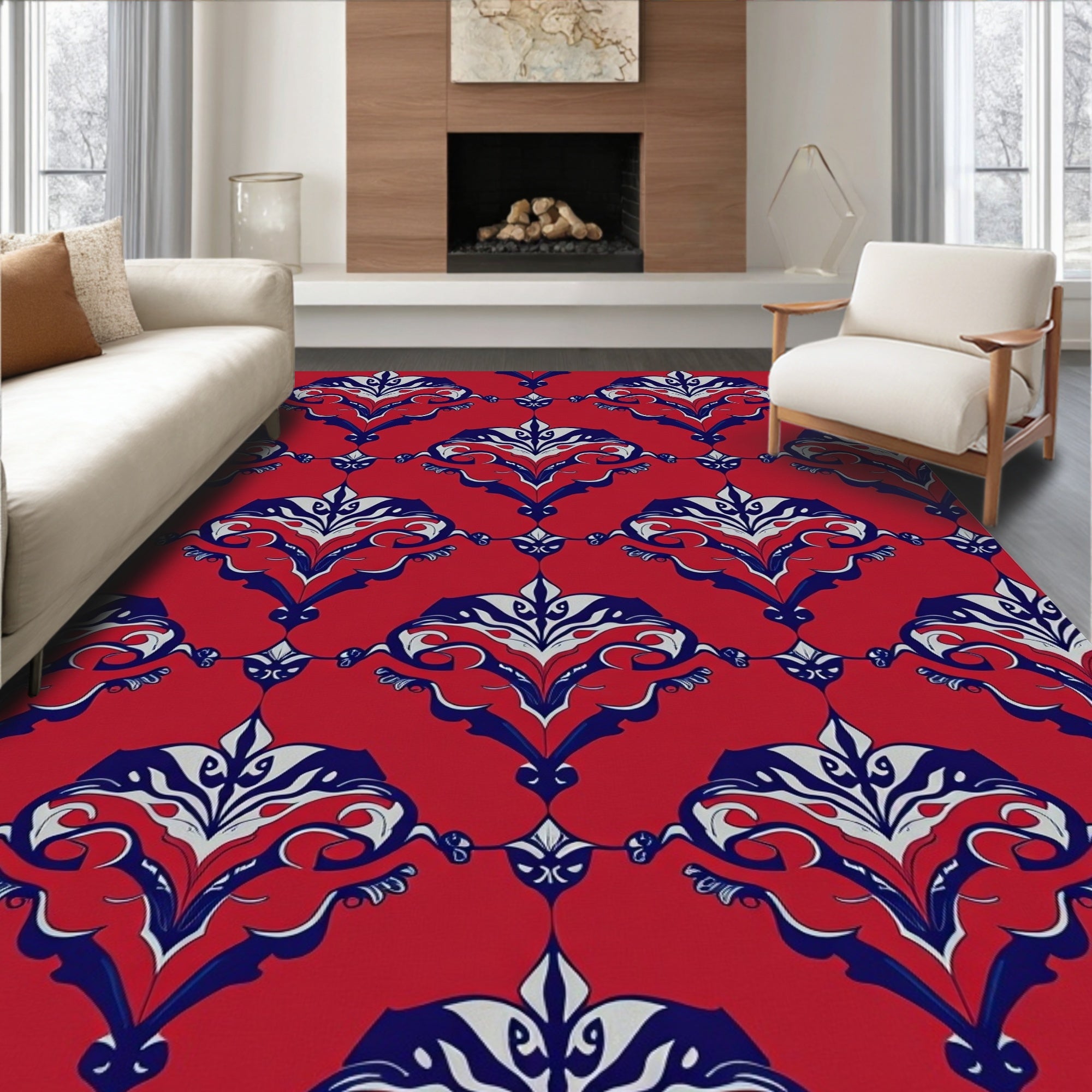 Crimson Red Elaborate Navy White Damask Rug