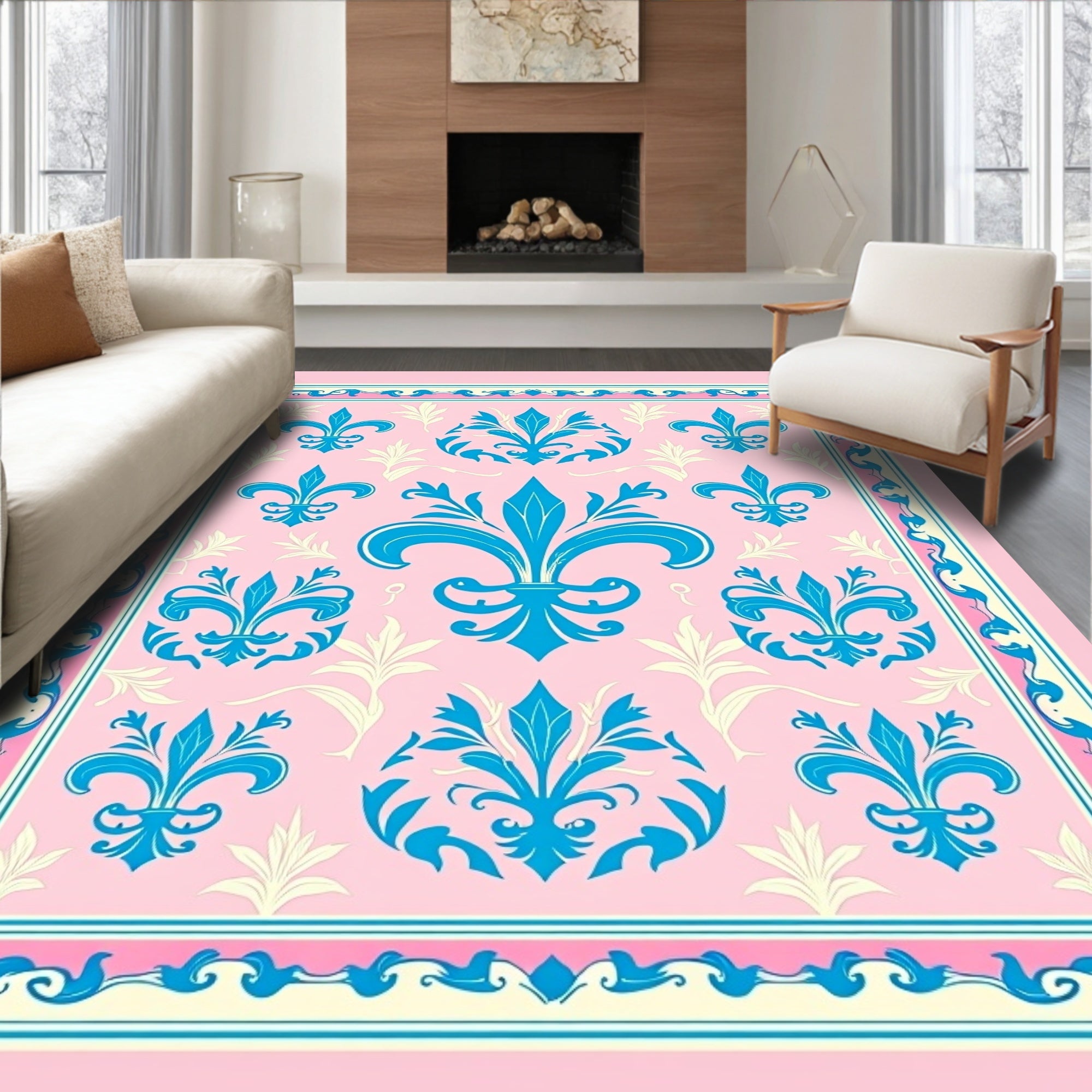 Pink Blue Fleur De Lis Floral Rug