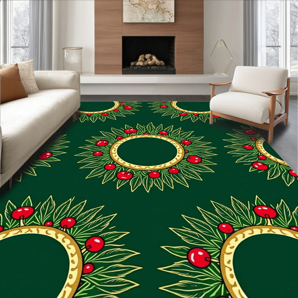 Gold Red Cherry Leaf Wreath Rug