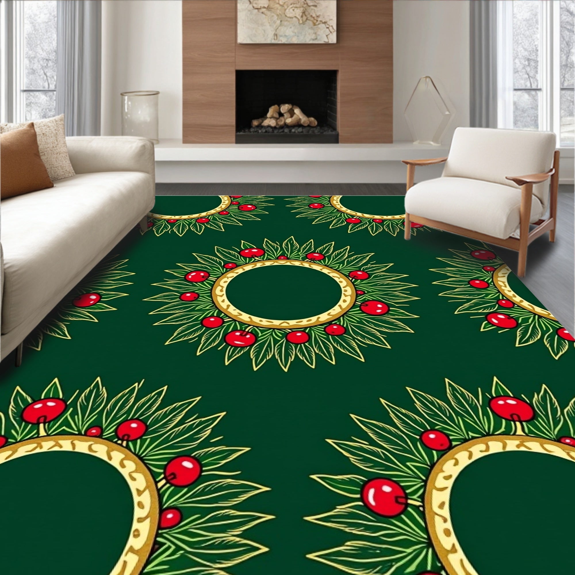 Gold Red Cherry Leaf Wreath Rug