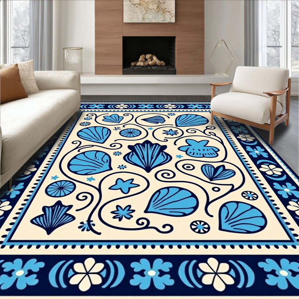 Vibrant Blue Seashell Cream Border Rug