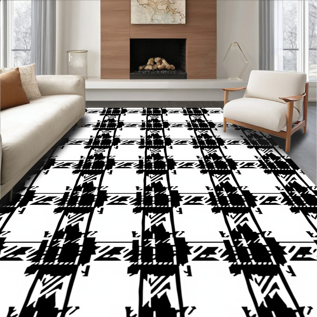 Bold Black White Houndstooth Grid Rug