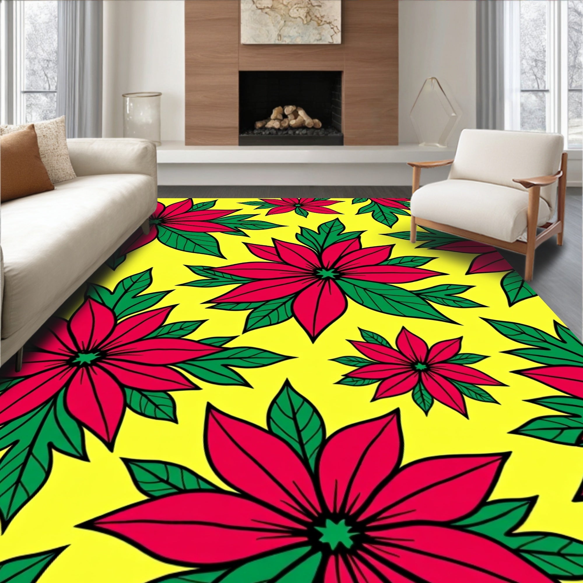 Vibrant Red Poinsettia Floral Arrangement Rug