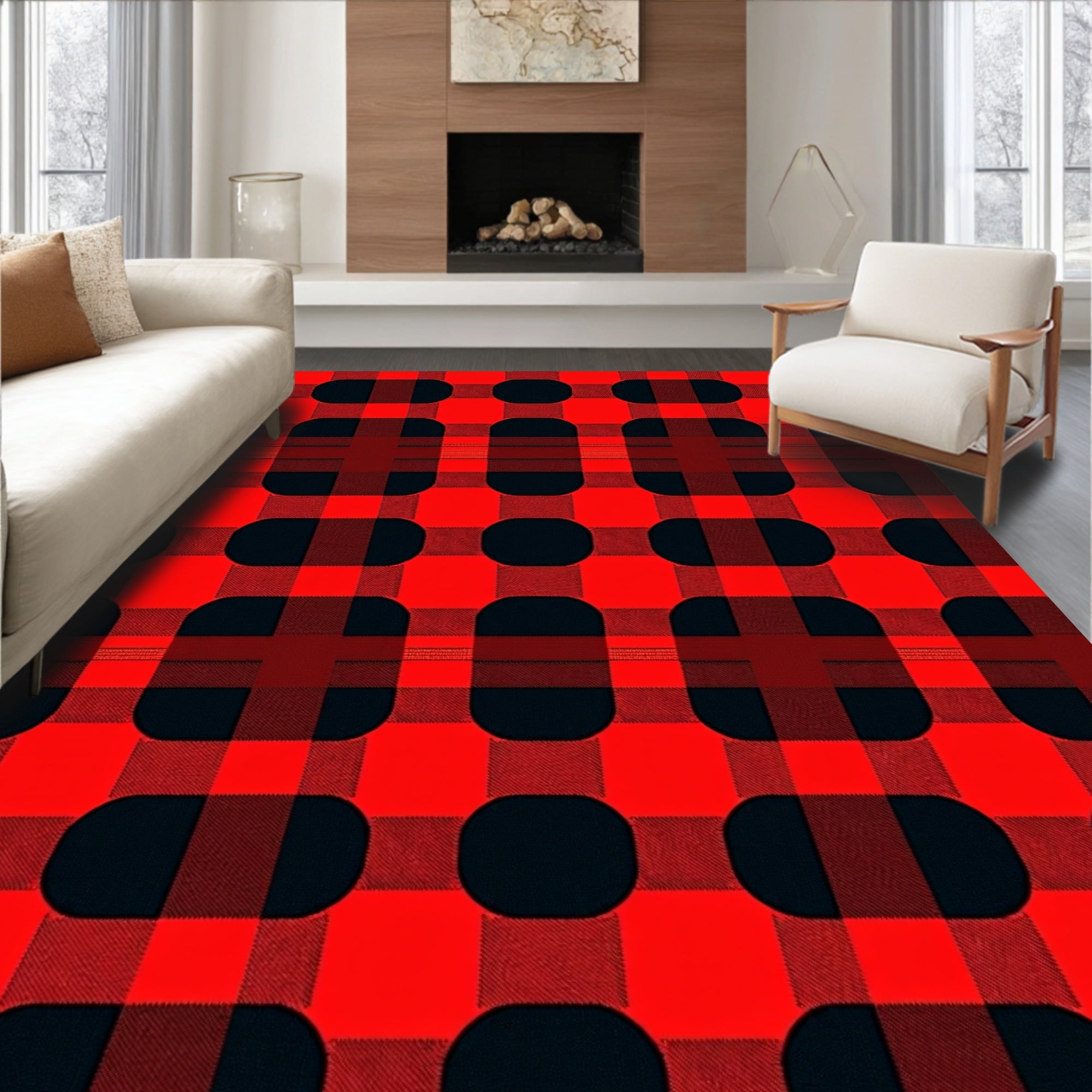 Bold Red Rounded Square Plaid Rug