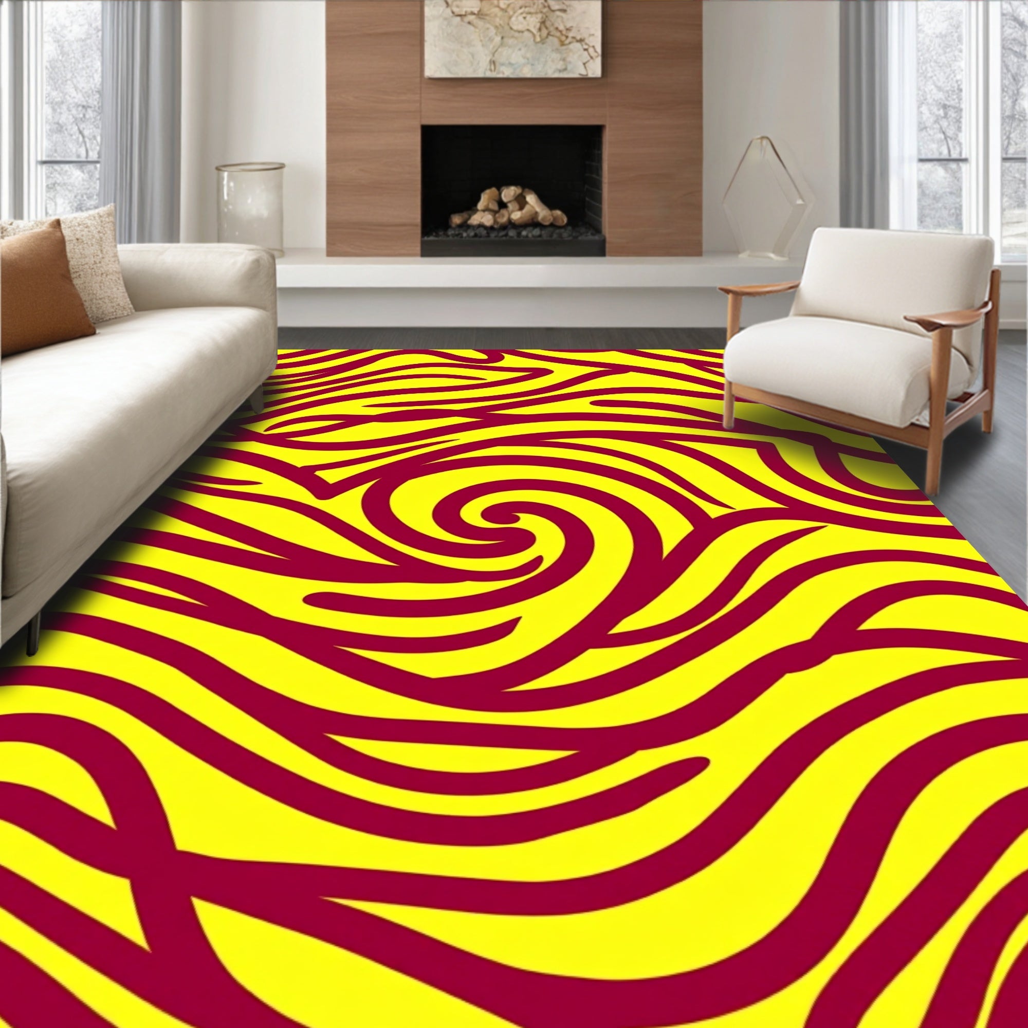 Crimson Swirl Yellow Wave Rug