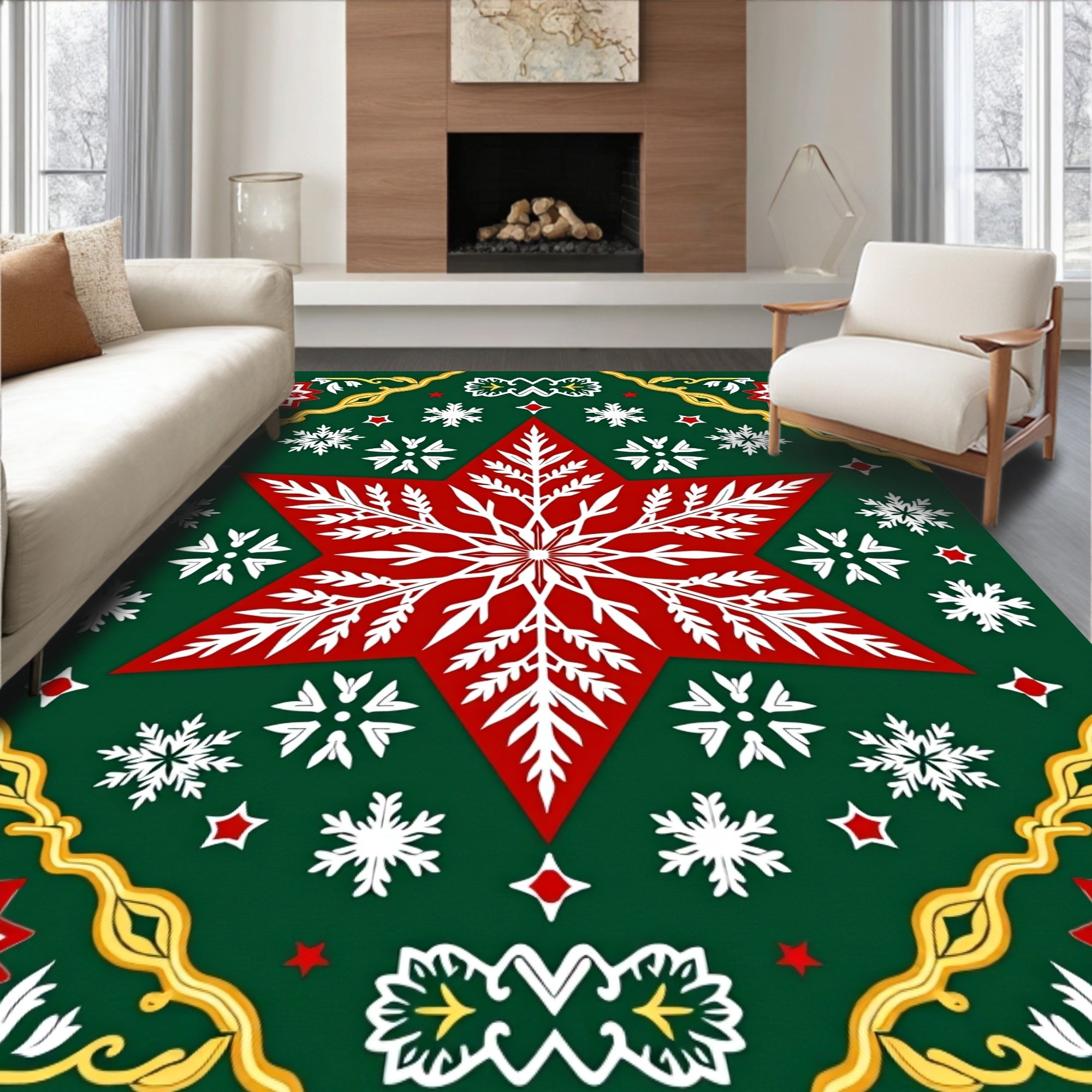 Festive Red White Snowflake Star Jewel Tones Rug