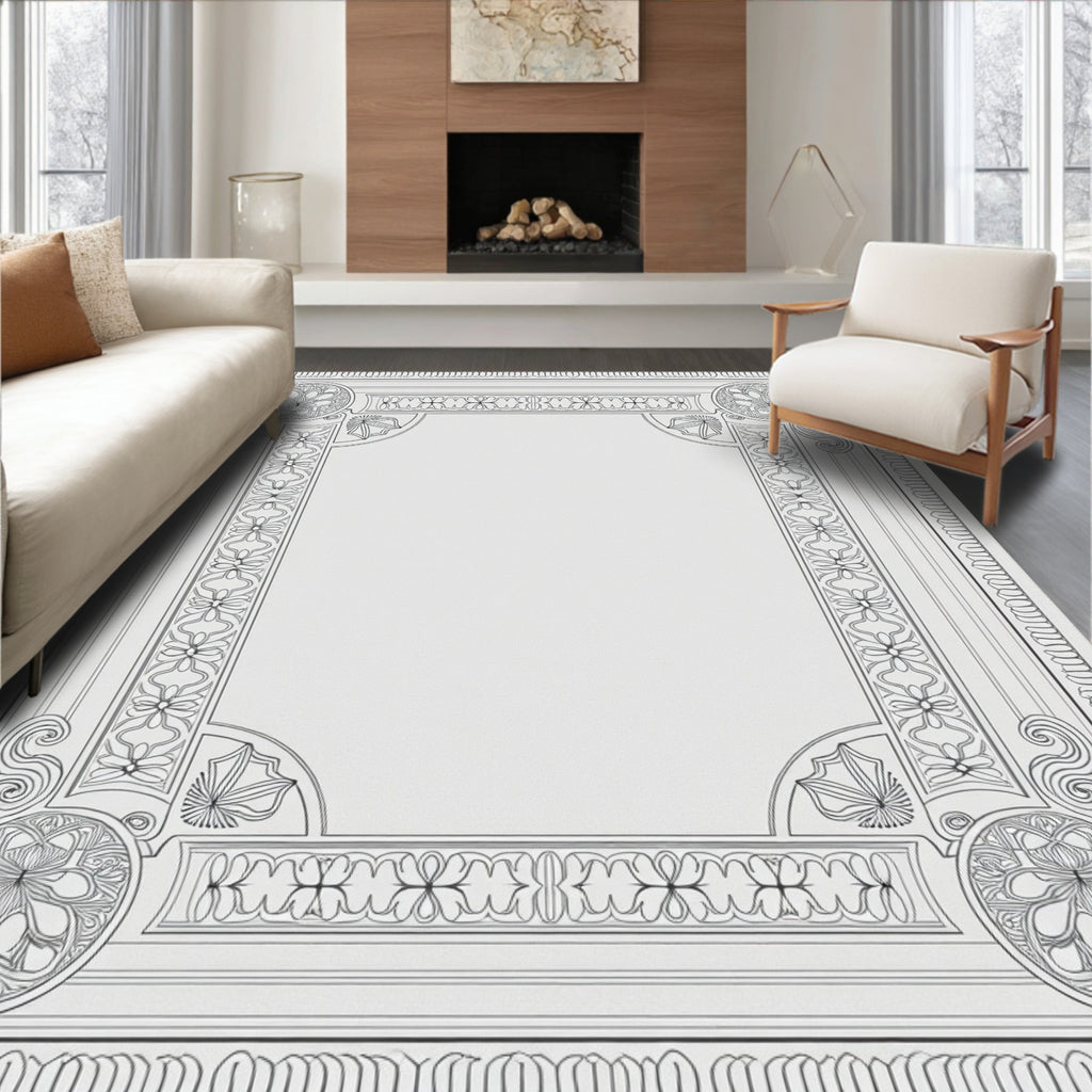 Elegant Gray Floral Inlay Border Rug