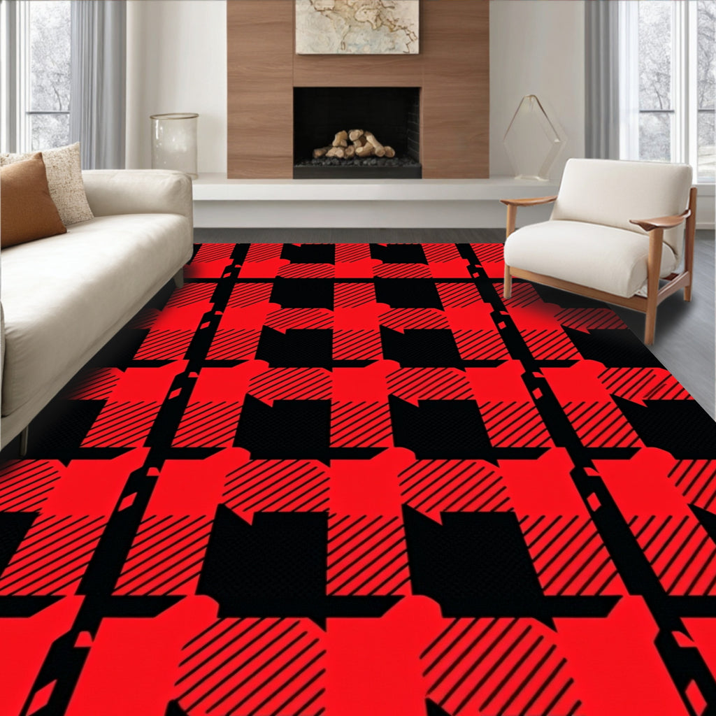Classic Red Black Plaid Squares Rug
