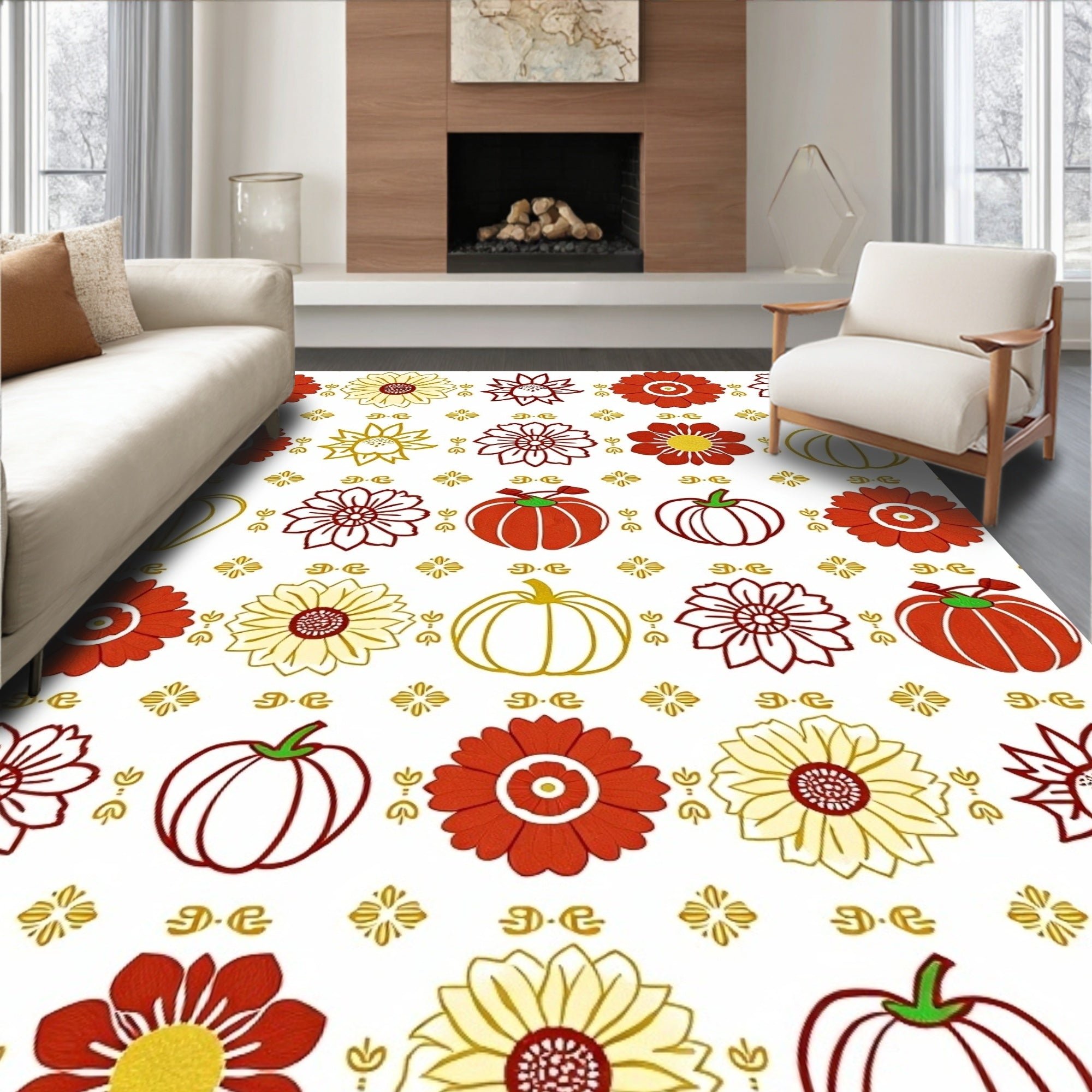 Red Yellow Pumpkin Floral Medley Rug