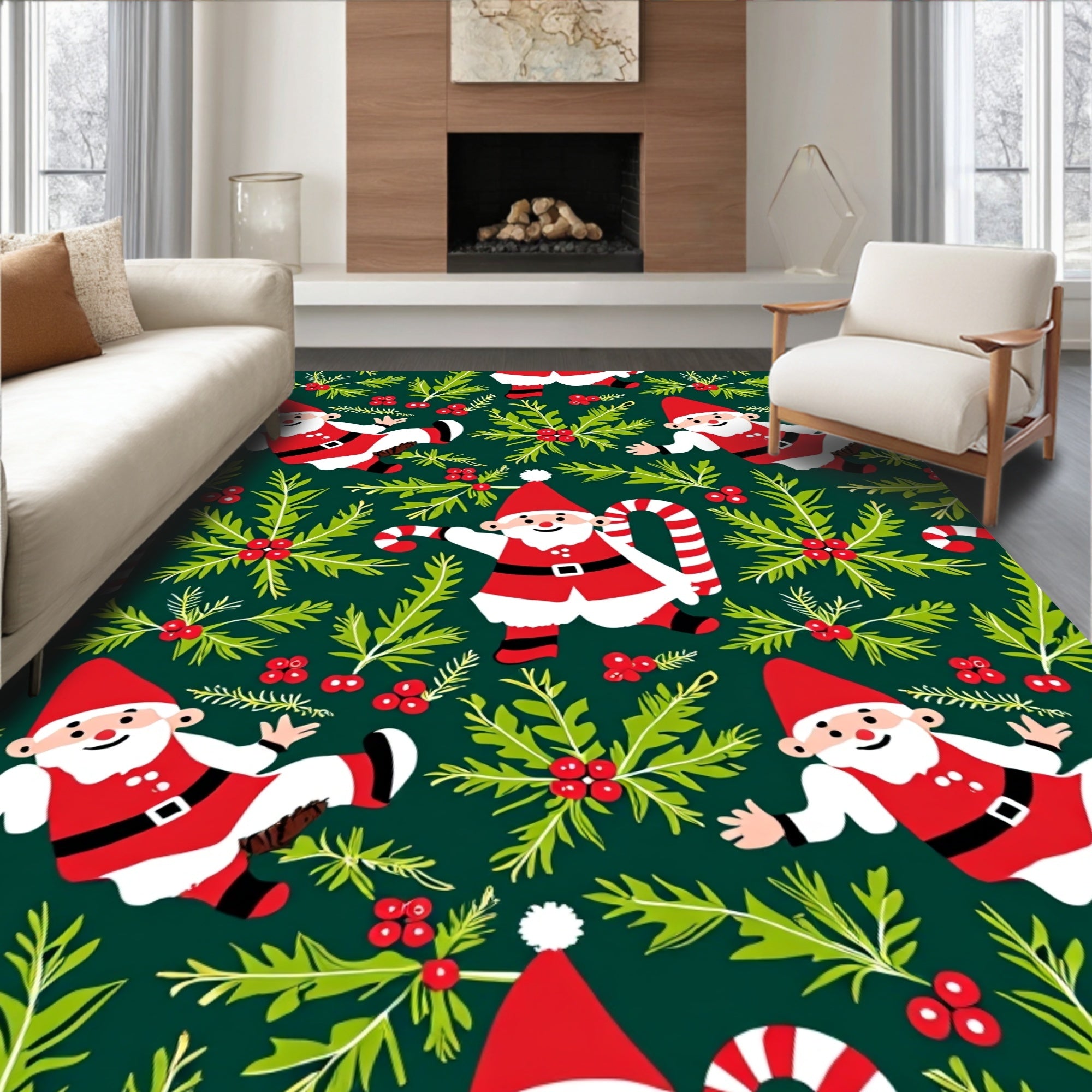 Whimsical Santa Clauses and Holly Sprigs Rug