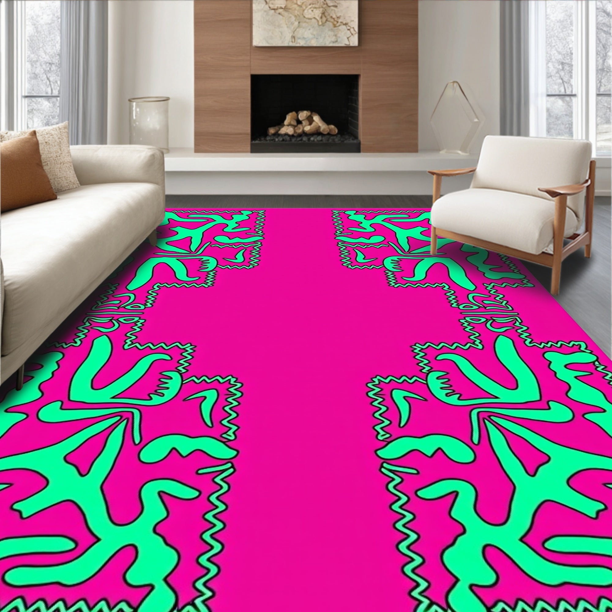 Vivid Pink Teal Abstract Figures Rug