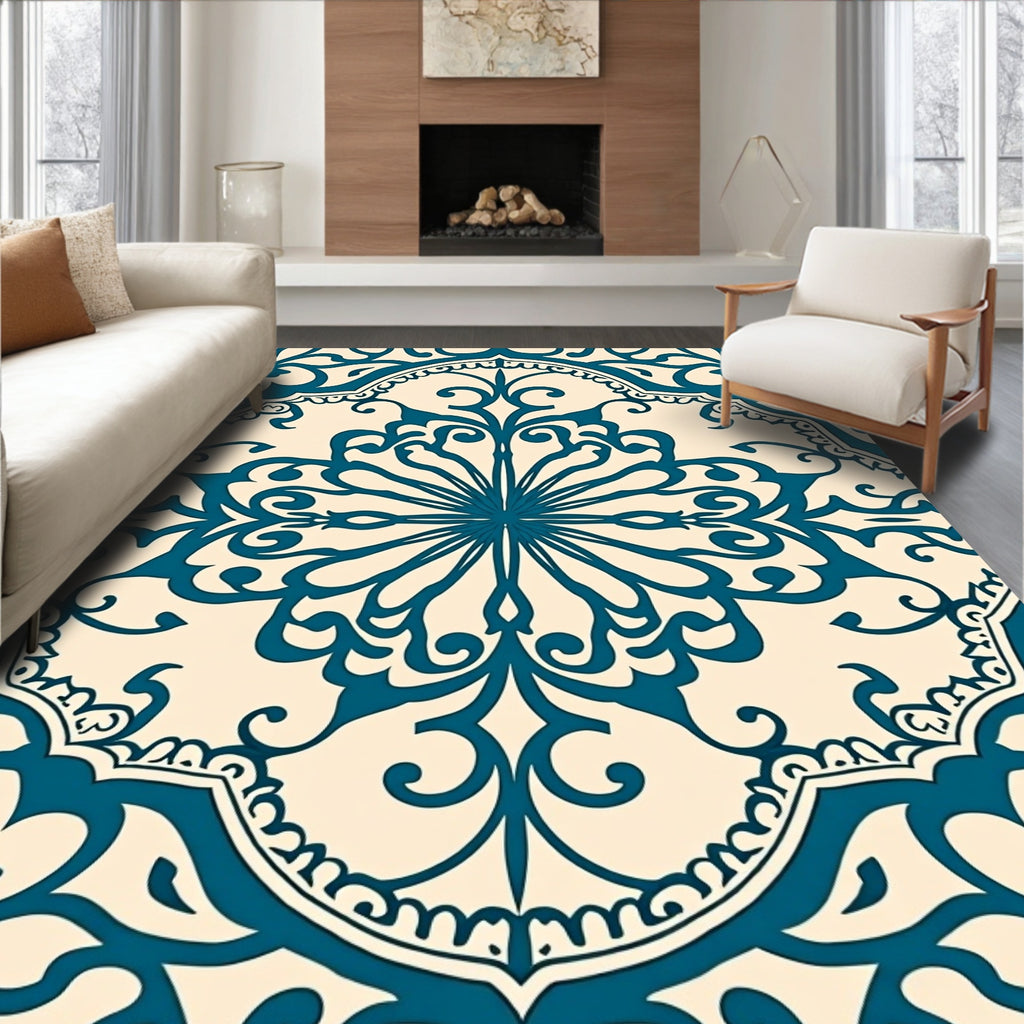 Deep Teal Floral Medallion Cream Rug