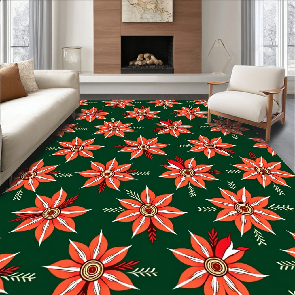 Orange Floral Medallion Dark Green Rug