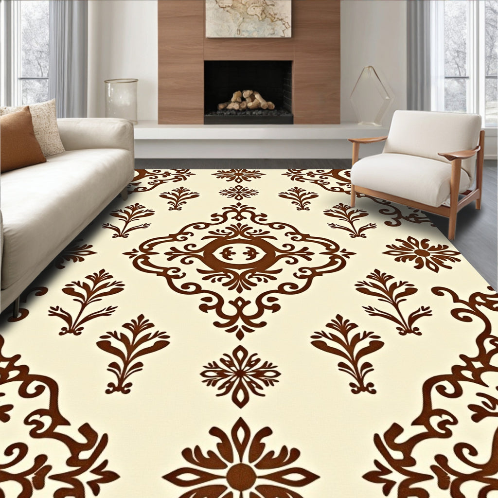 Rich Brown Scrollwork Damask Rug
