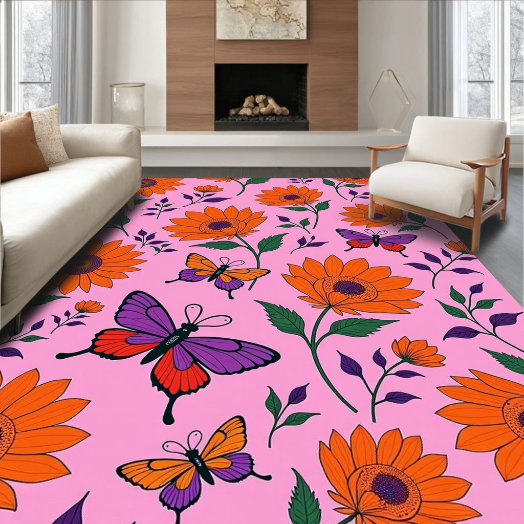 Vibrant Orange Sunflowers Purple Butterflies Rug