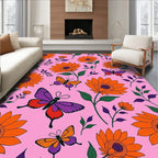 Vibrant Orange Sunflowers Purple Butterflies Rug