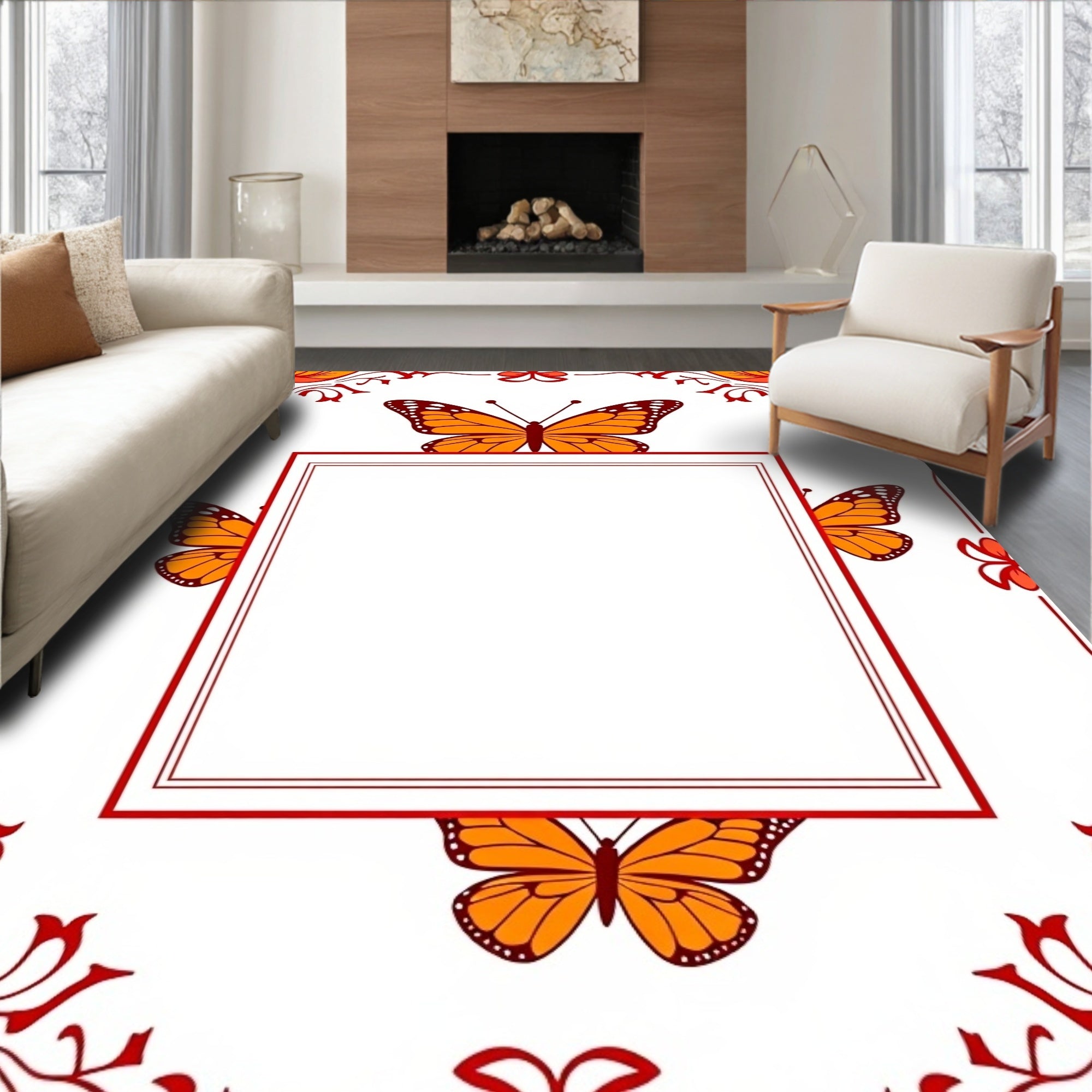 Orange Butterfly Red Bordered Frame Rug