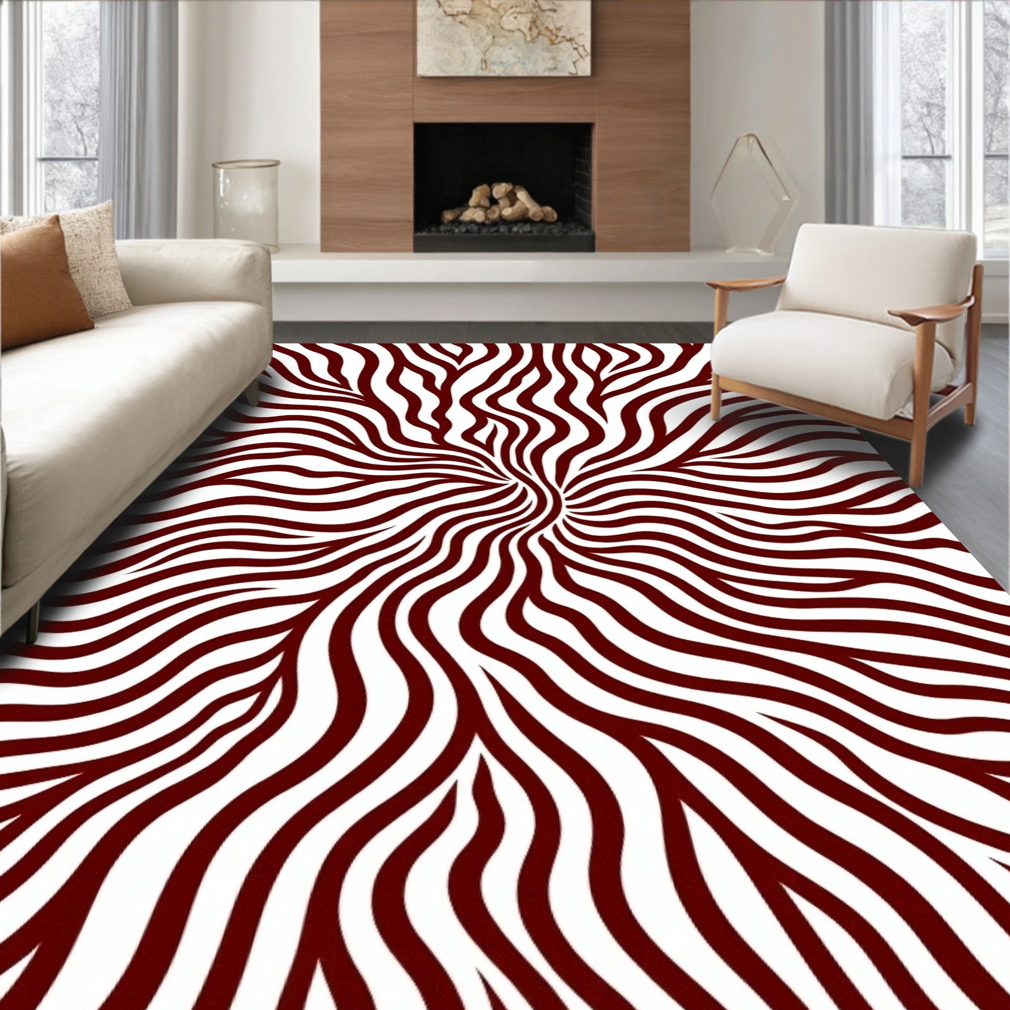 Crimson Wavy Lines Explosion Rug