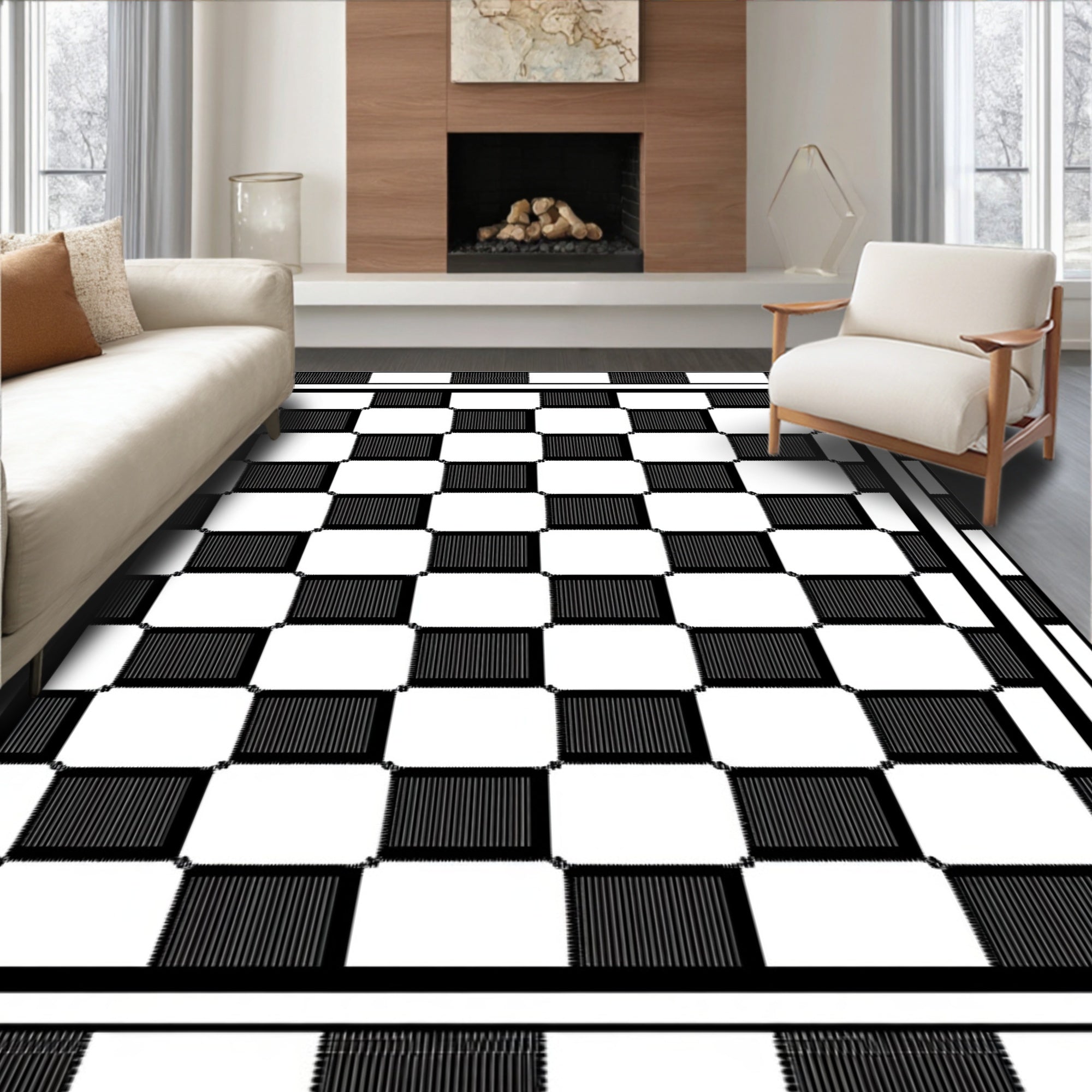 Black White Checkerboard Grid Border Rug