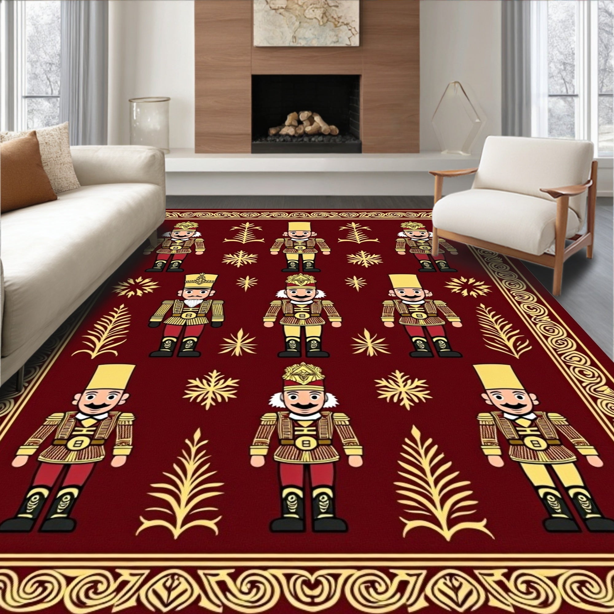 Festive Red Golden Nutcracker Grid Rug