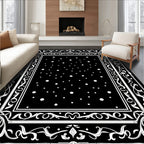 Classic Black White Floral Border Rug