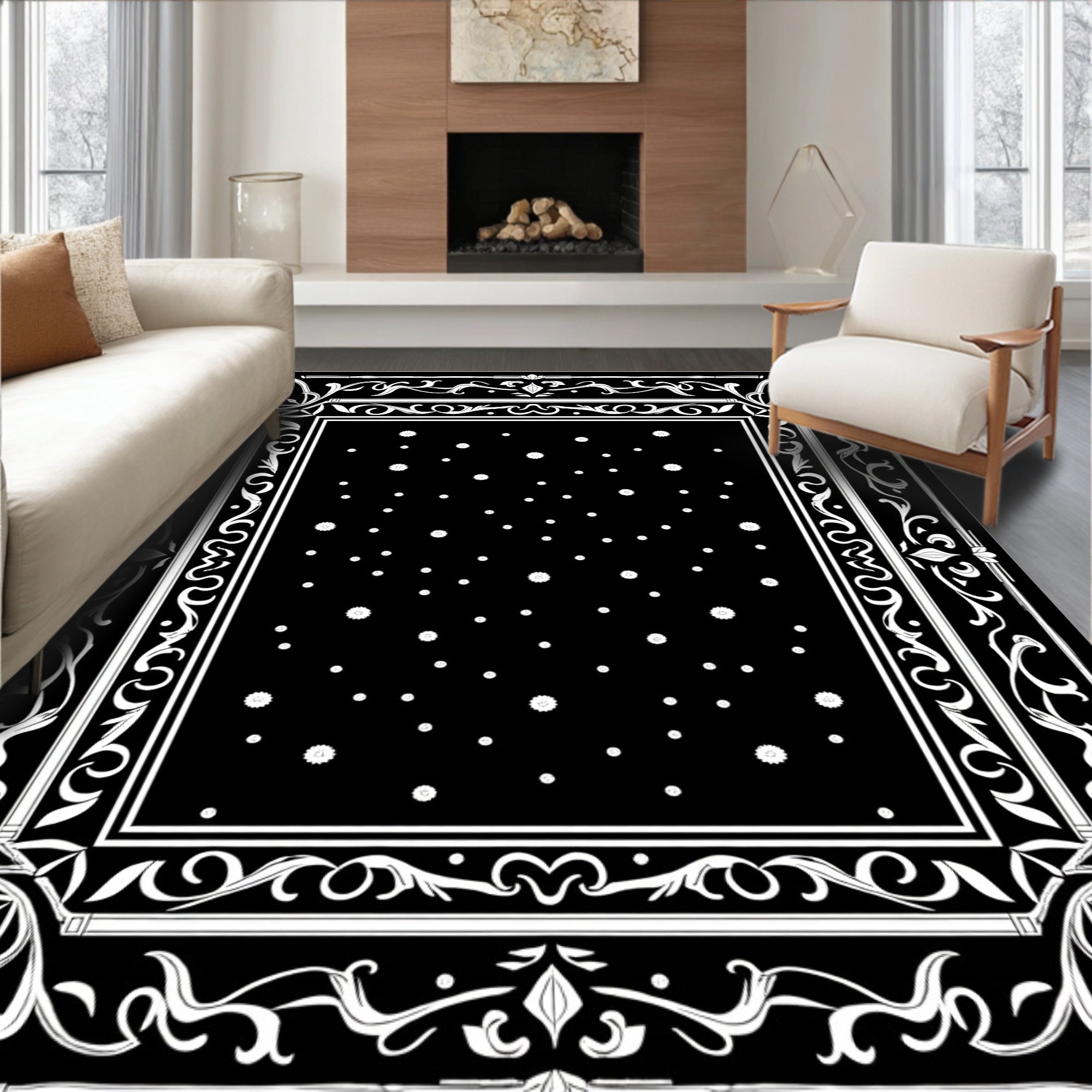 Classic Black White Floral Border Rug